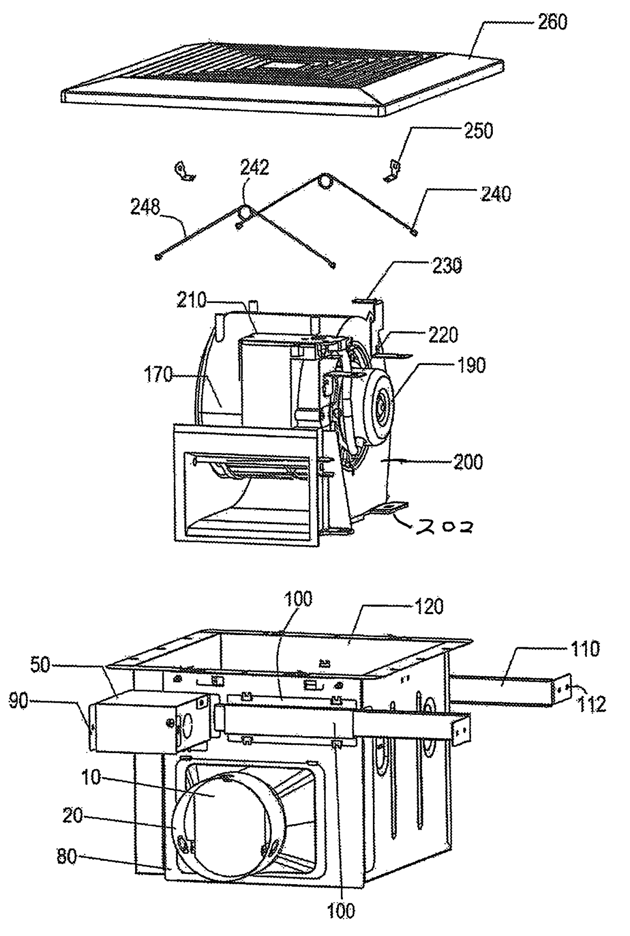 80/90 CFM bath fan with telescoping side extension brackets and side by side motor and blower wheel