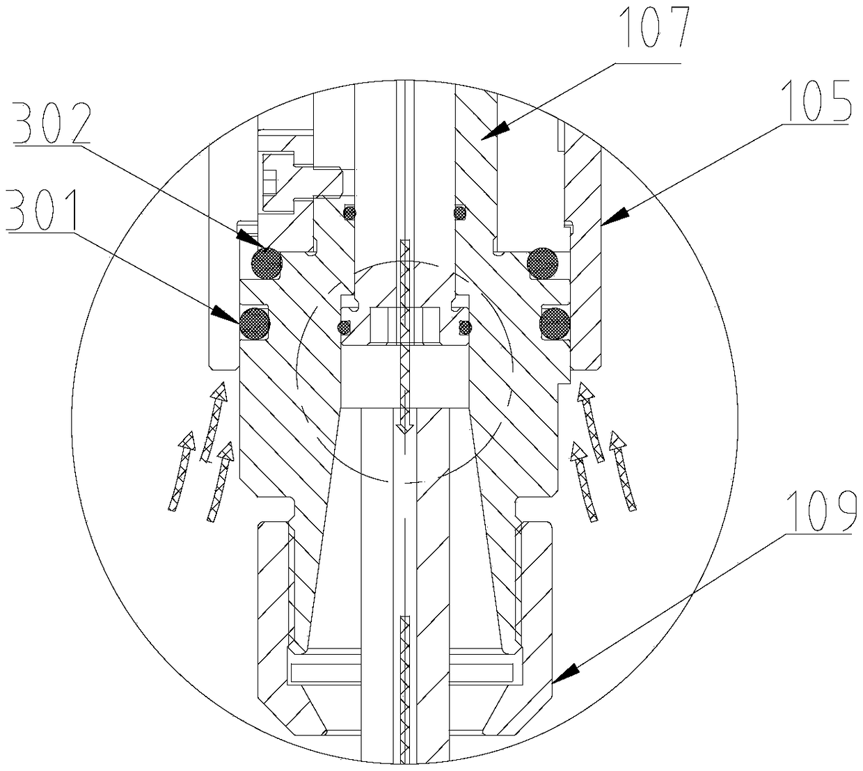 Sealing structure of central water-cooled micro-compensation tapping shank