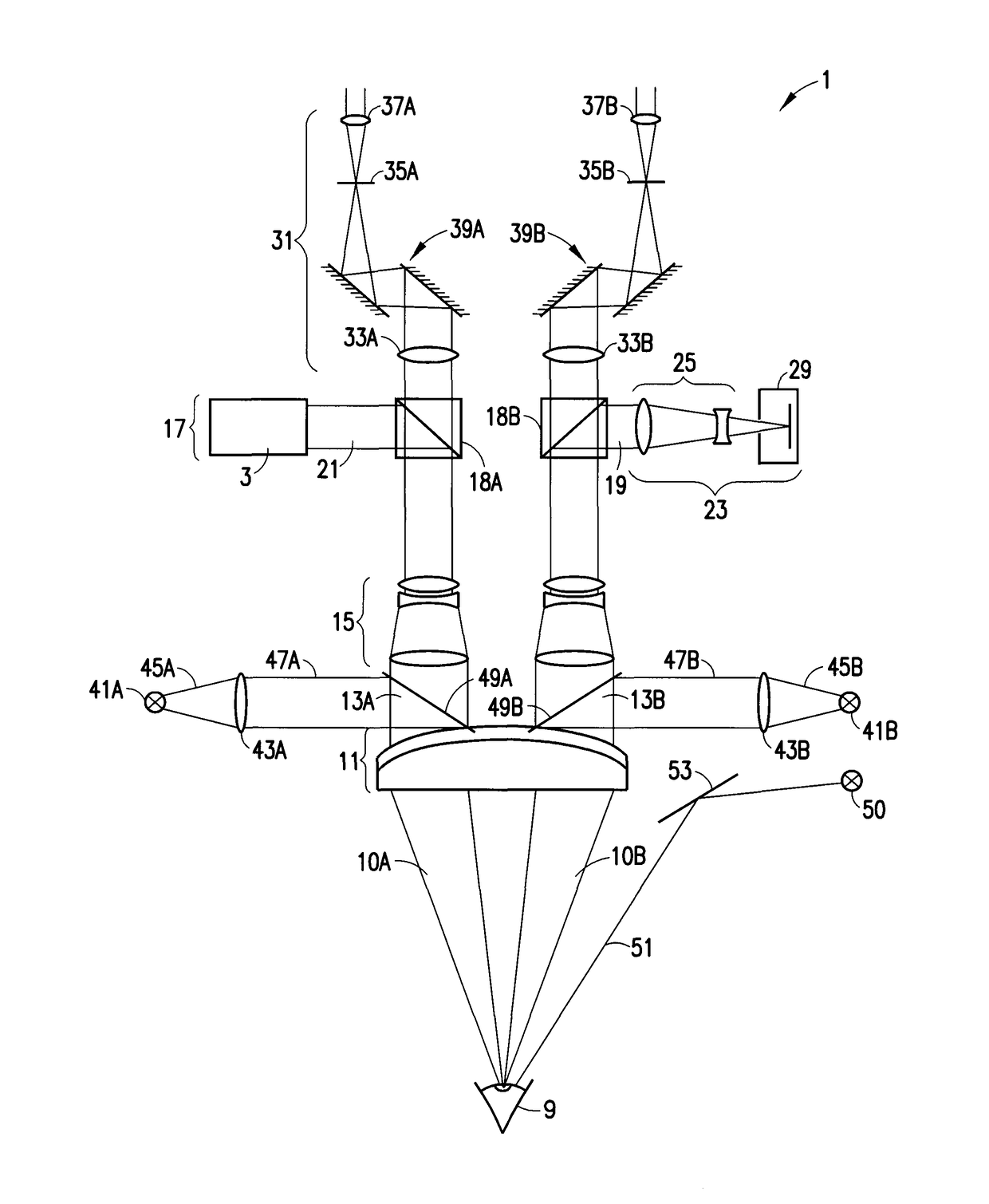 Measurement system and method for establishing the refraction of an eye, the radius of curvature of the cornea or the internal pressure of an eye