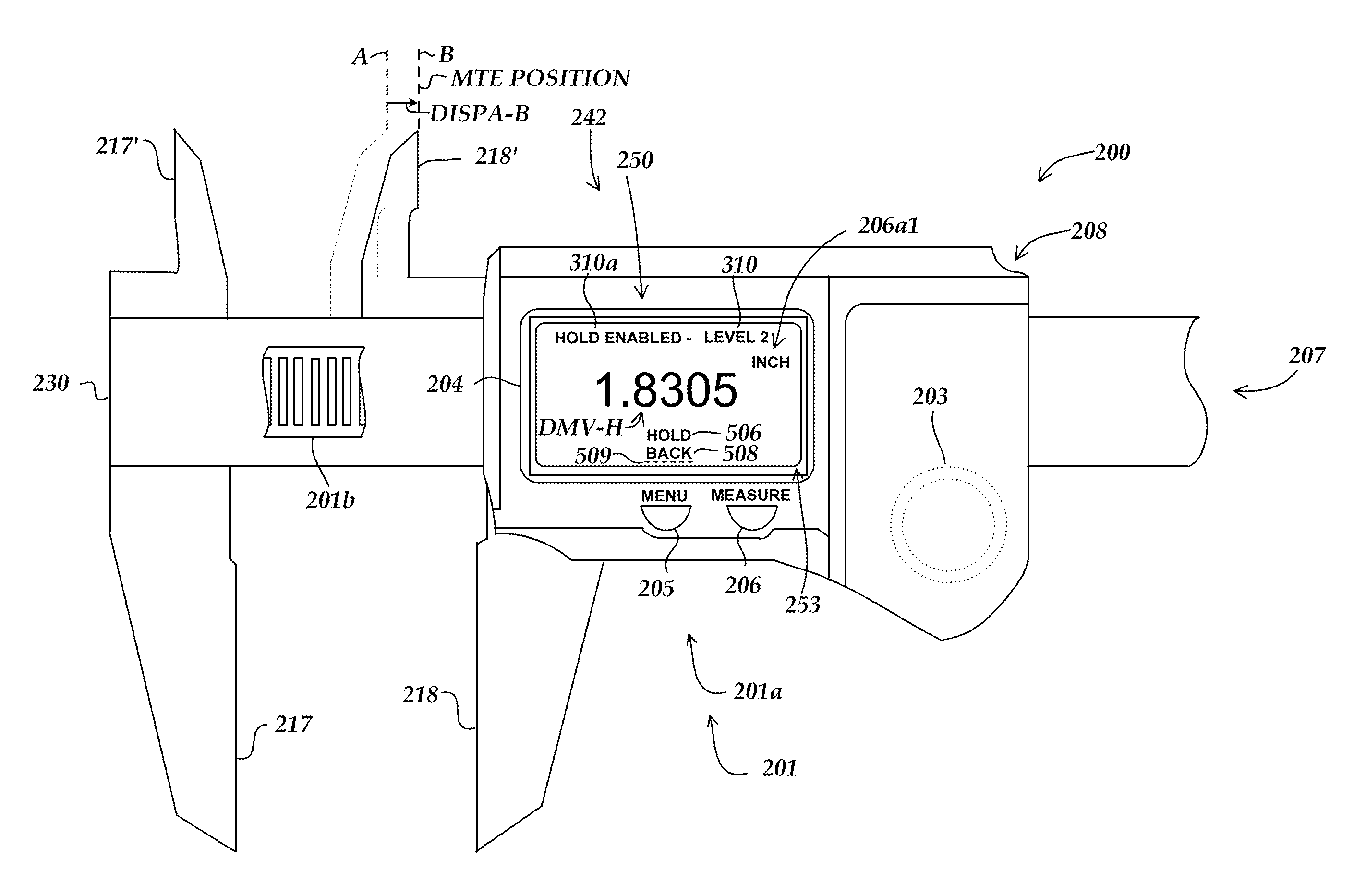 Handheld measuring device comprising a user interface responsive to changes in a displacement sensed by a displacement sensor