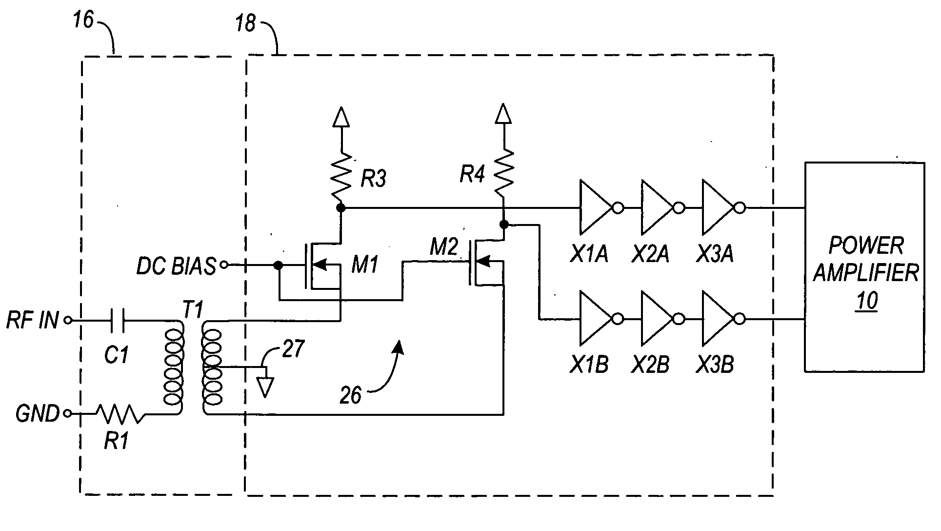 Power amplifier input structure having a differential output