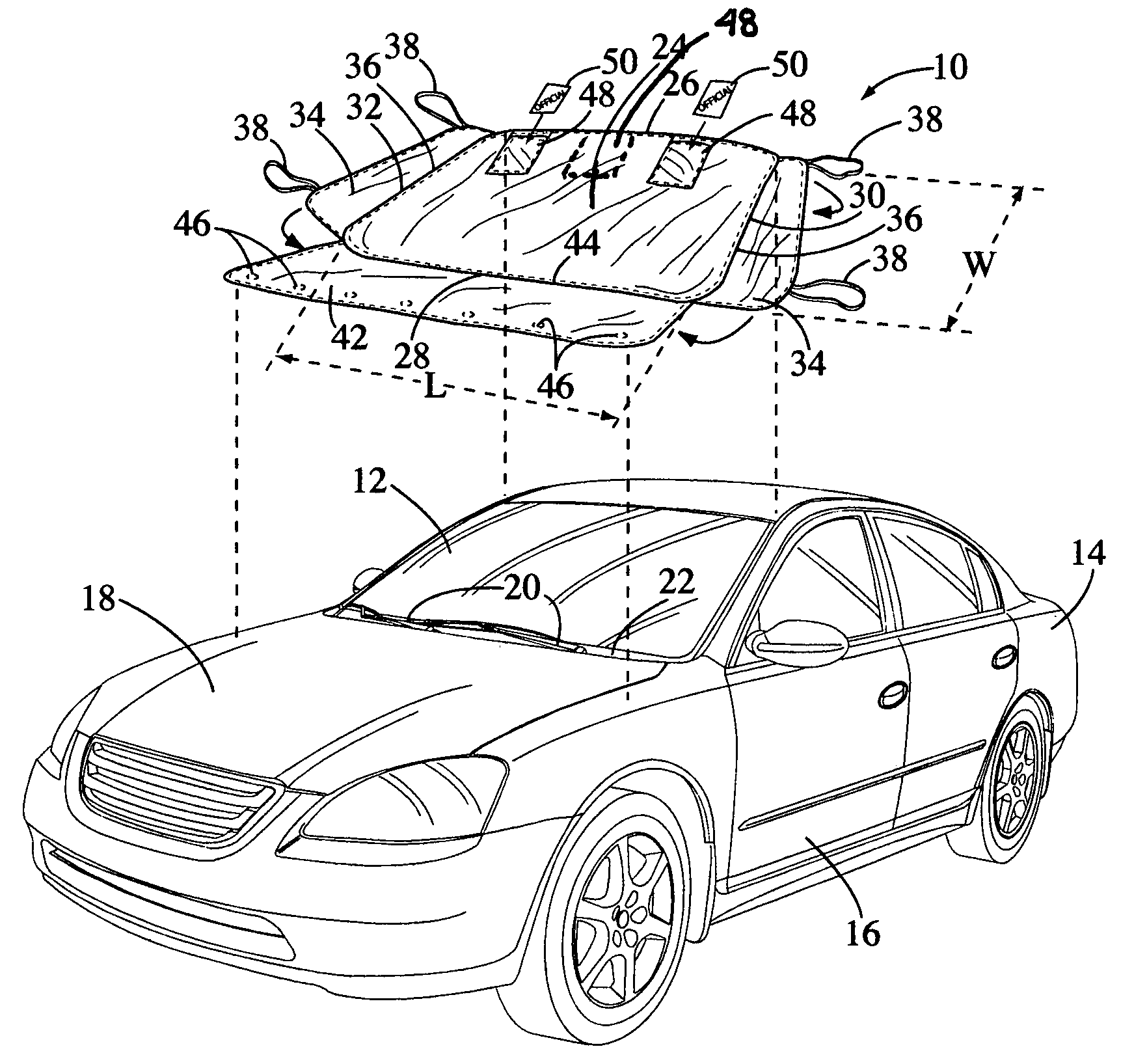 Vehicle exterior windshield protective cover for protection against sun, wind, snow and ice