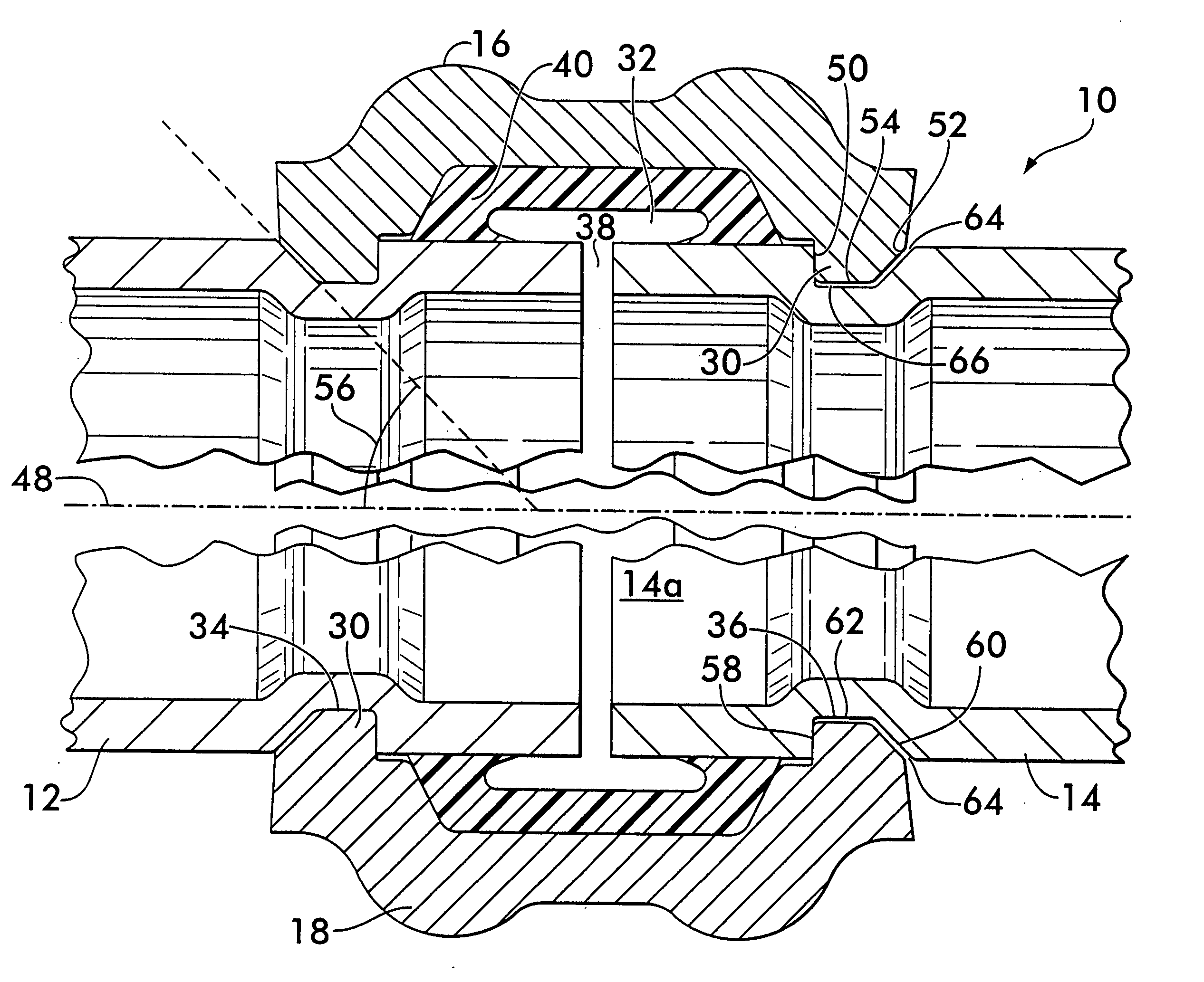 Pipe coupling having wedge shaped keys