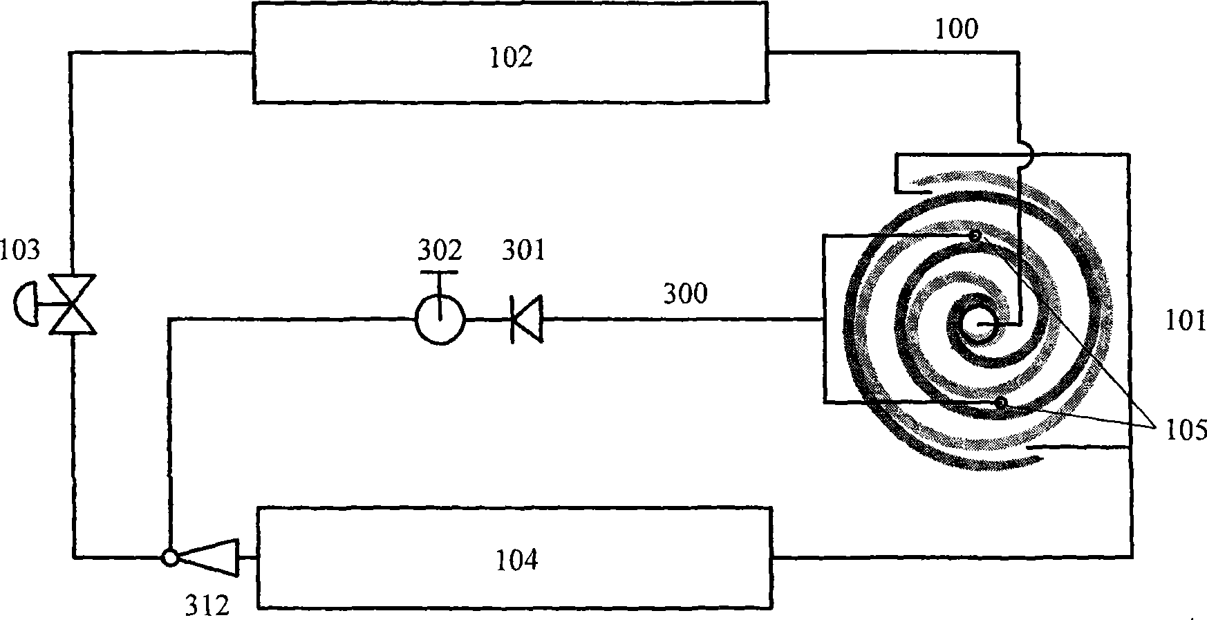 Capacity adjustable vortex compressor refrigeration system with main return loop installed with ejector