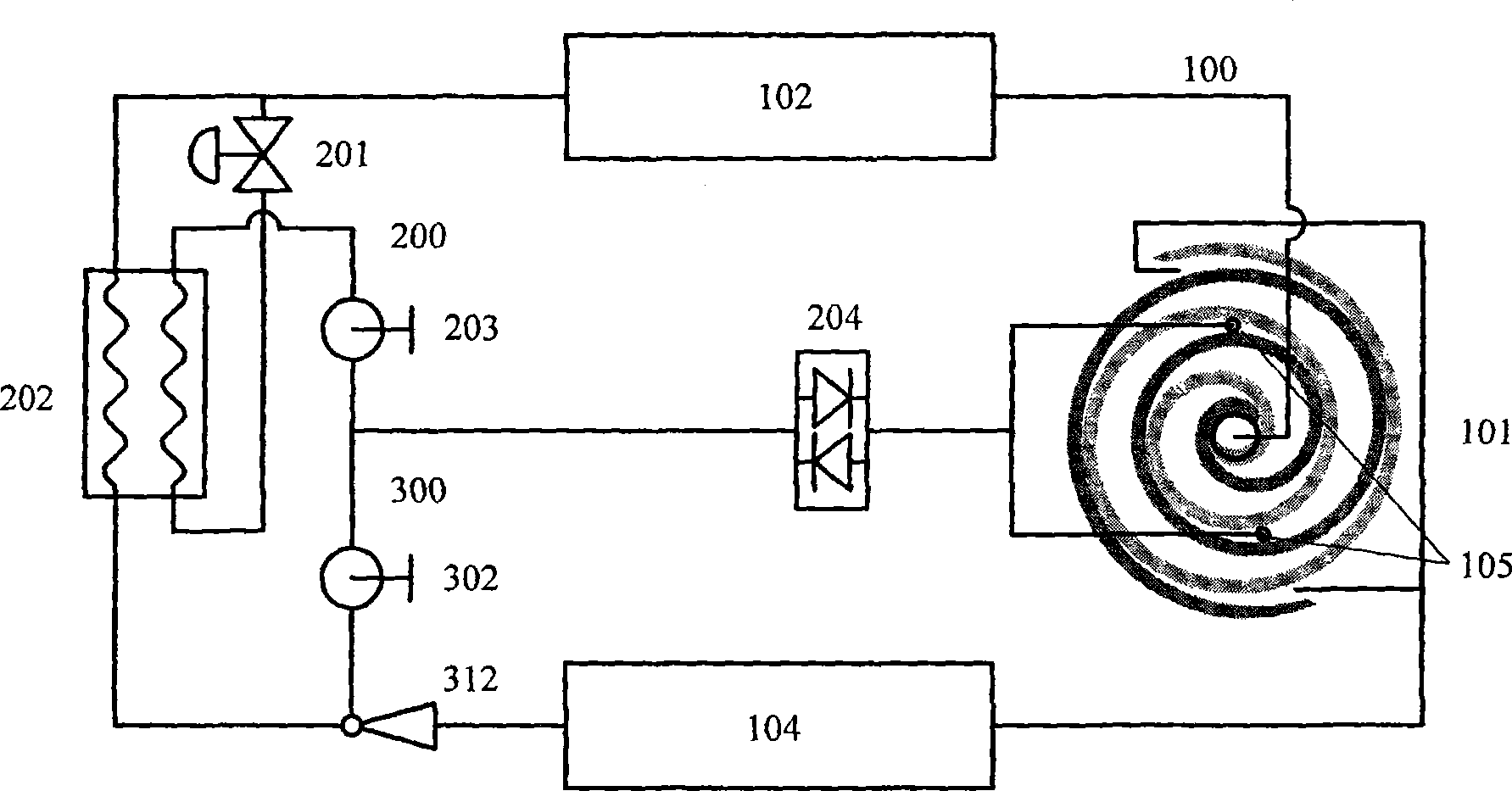 Capacity adjustable vortex compressor refrigeration system with main return loop installed with ejector