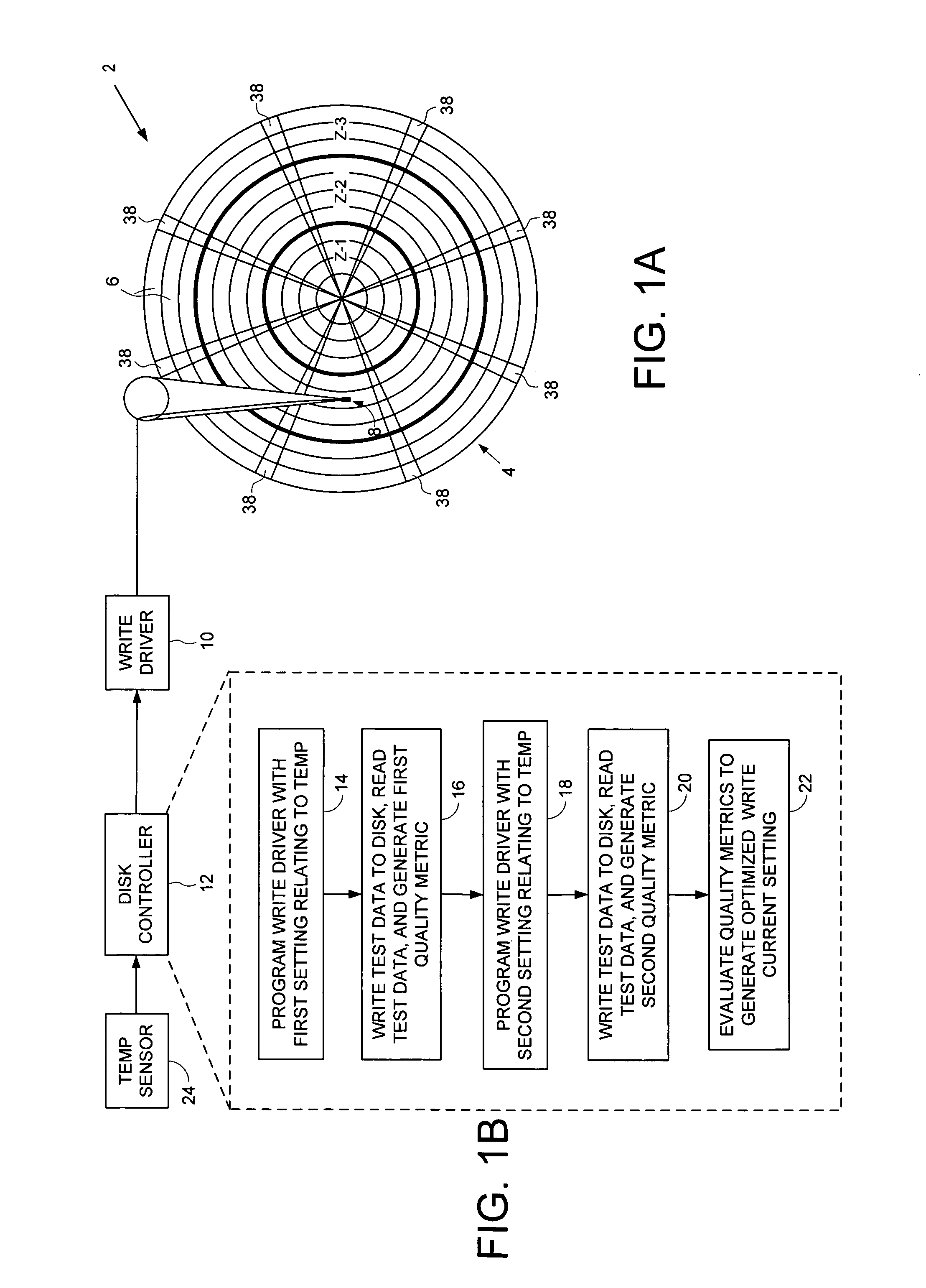 Disk drive for optimizing write current settings relative to drive operating characteristics and ambient temperature readings