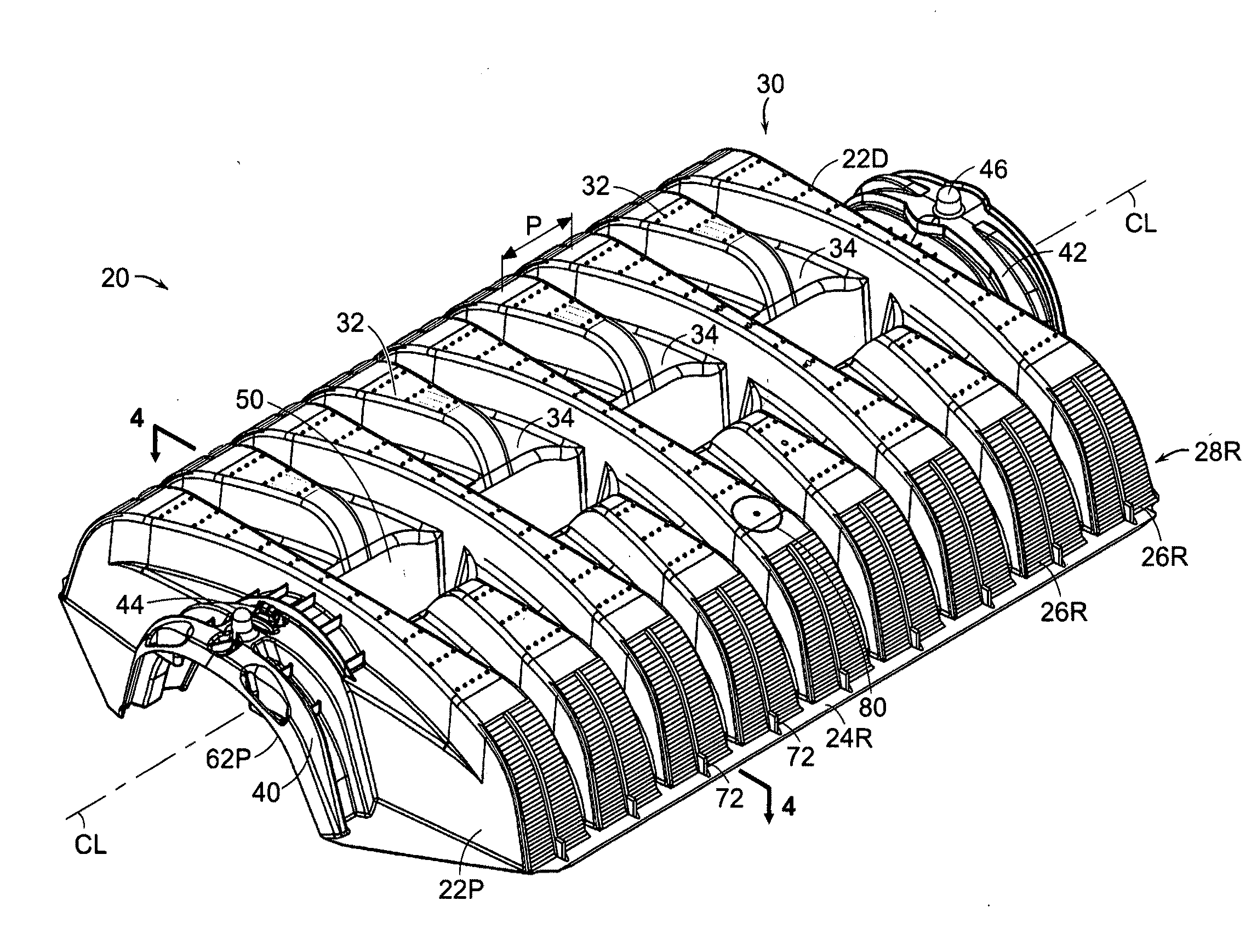 Leaching chamber having pillars and wide peak corrugations