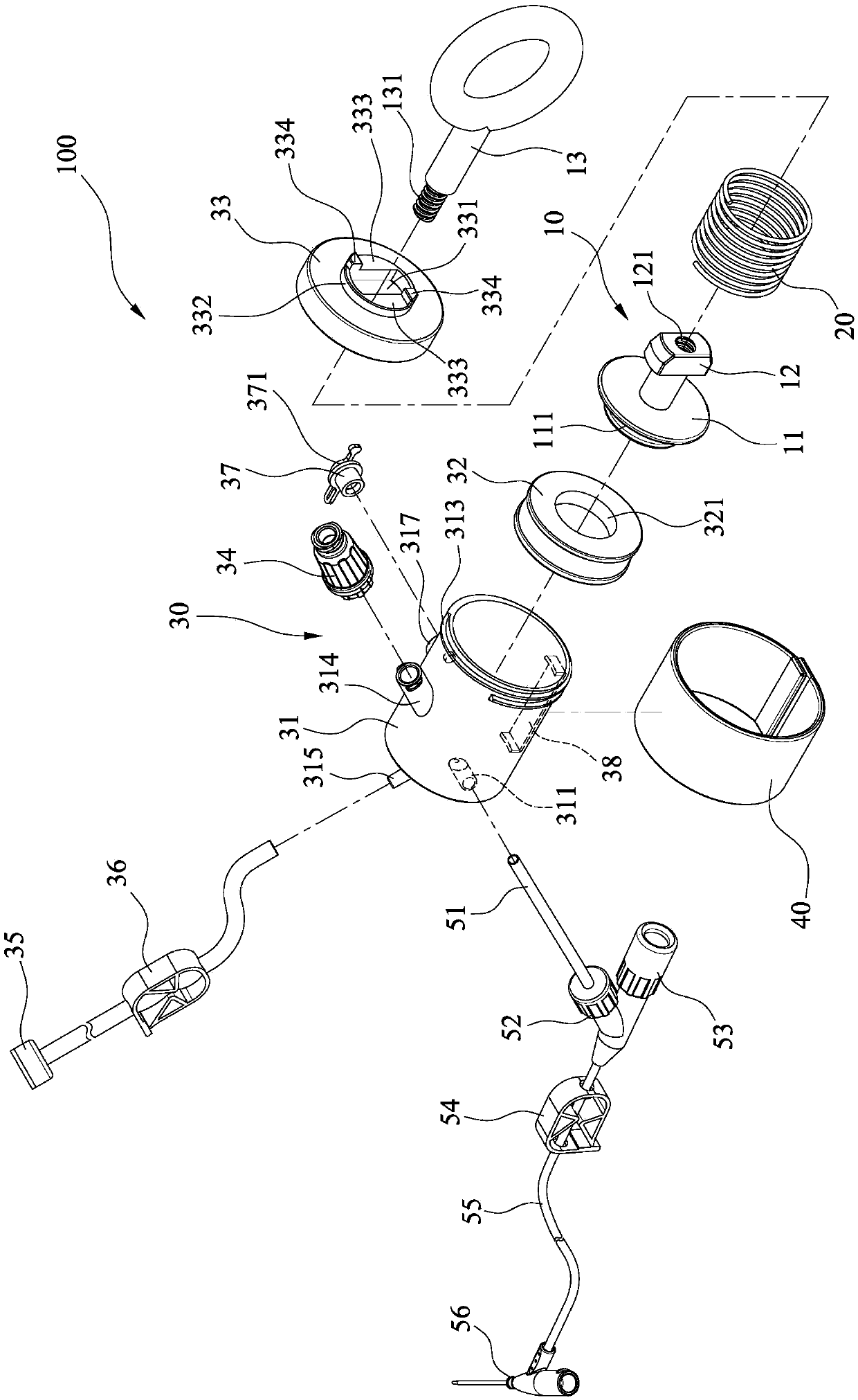 Portable continuous positive-pressure indwelling needle seal tube device