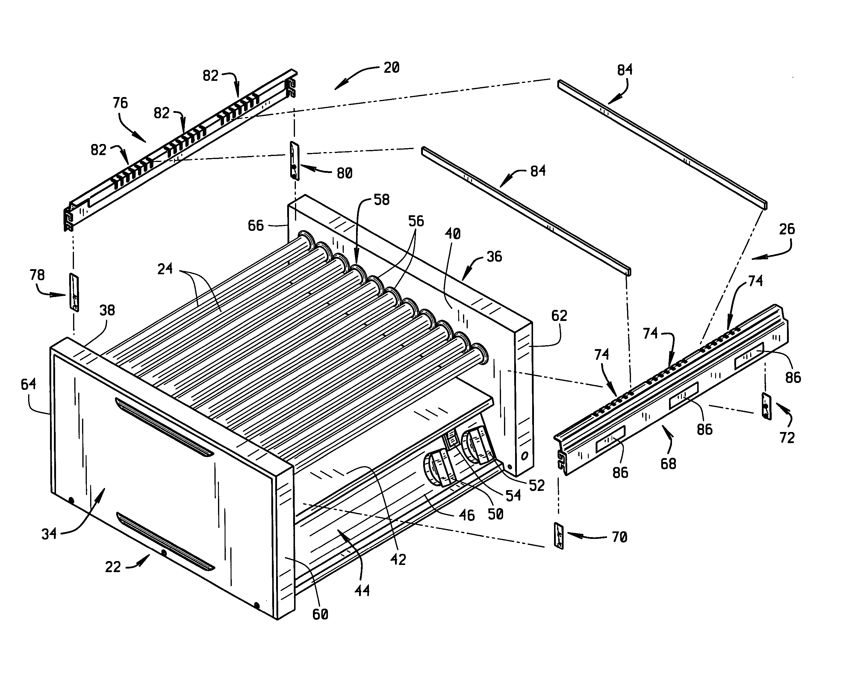 Section divider ensemble for roller grill for cooking human food