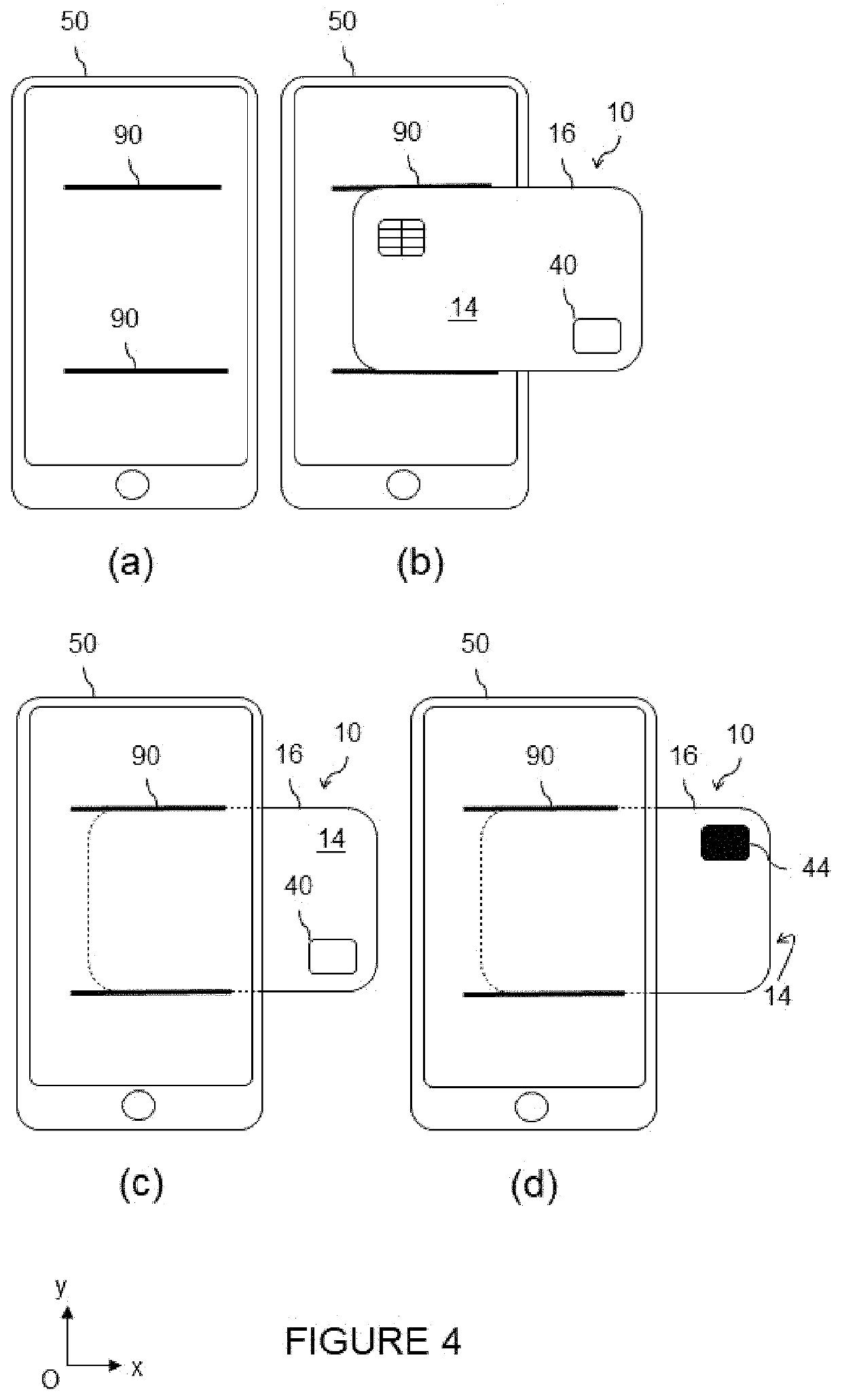 Display on a smartphone screen of a positioning pattern of a contactless card to improve near field communication