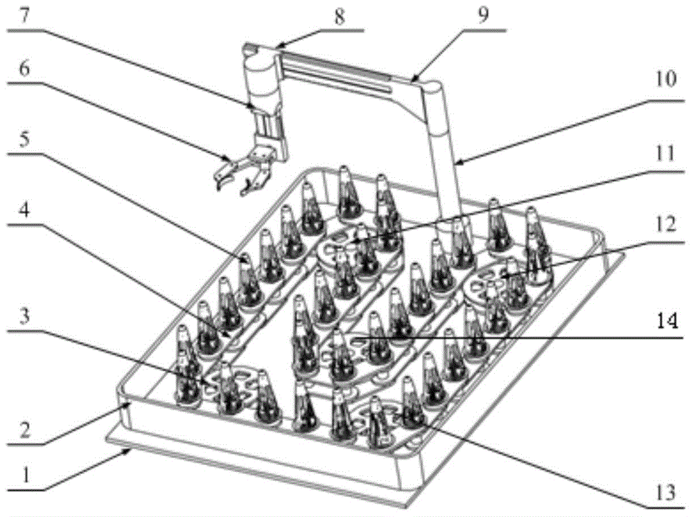 Chain type road cone storing, collecting and dispensing device with mechanical arm