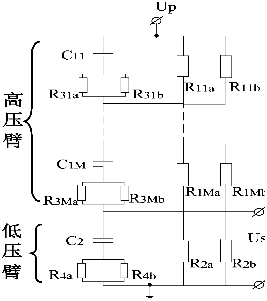 Broadband voltage transformer with resistance-capacitance parallel-serial topological units