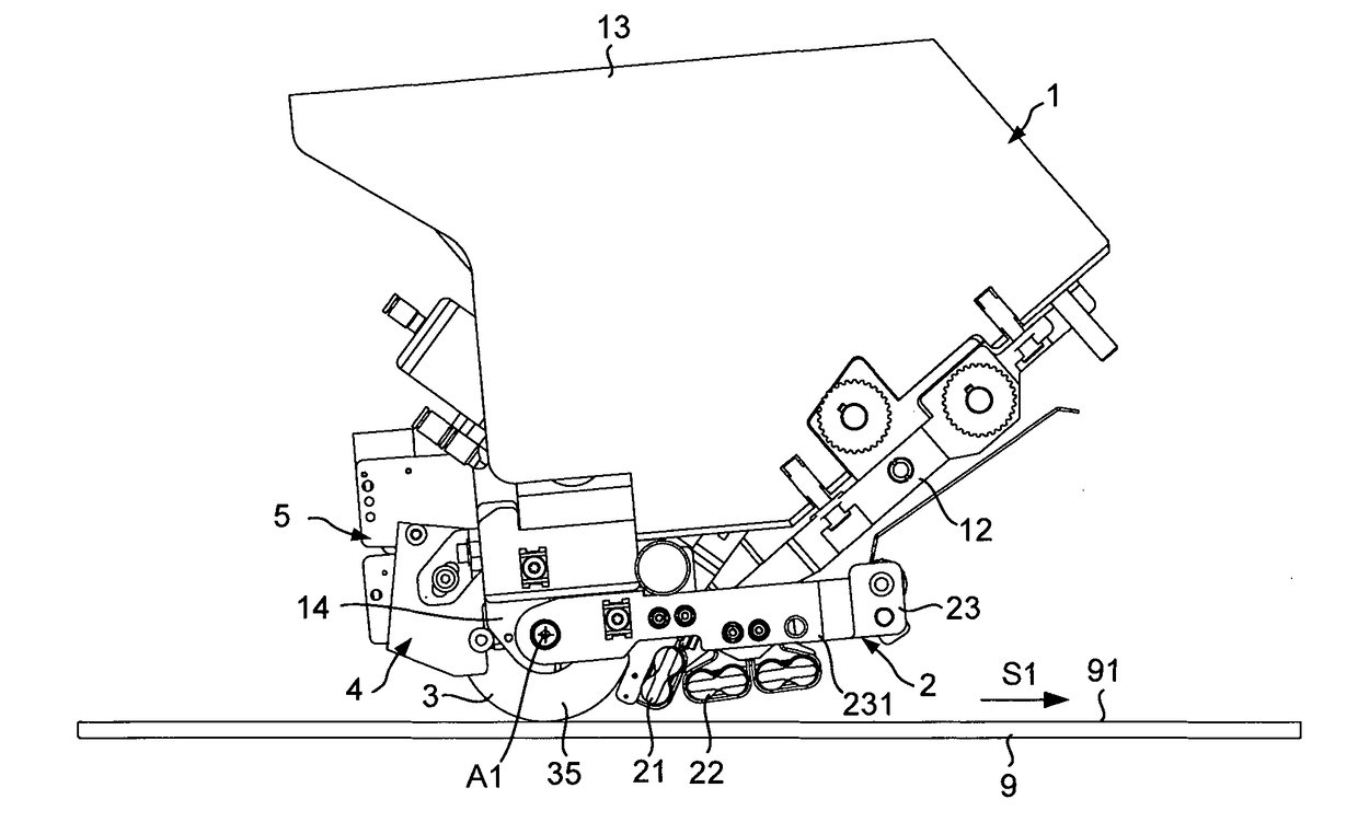 Fiber application head with a specific application roll