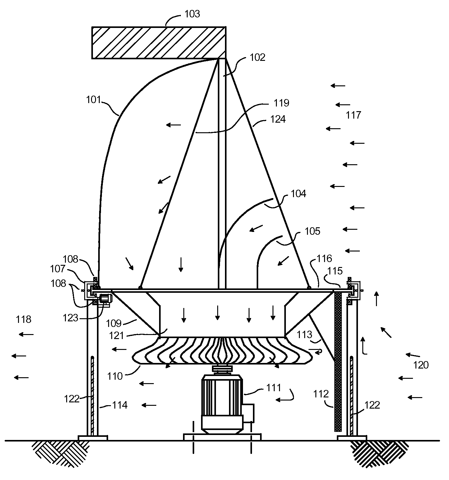 Vertical Wind Turbine System with Adjustable Inlet Air Scoop and Exit Drag Curtain