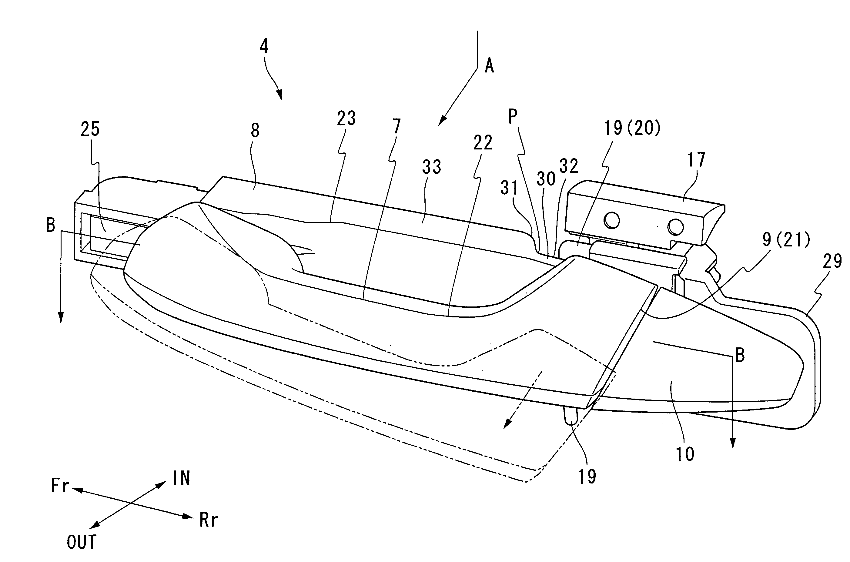 Outside handle for door, having easily bendable portion