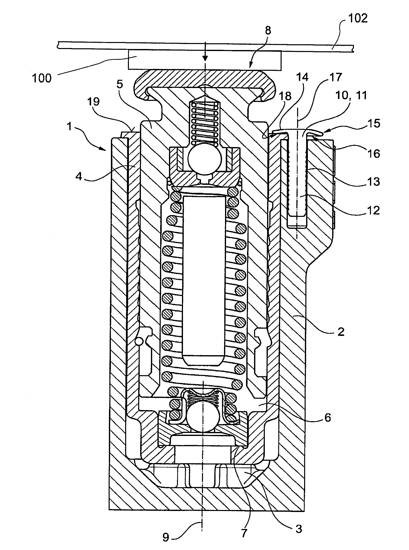 Traction-means tensioning device having a securing element, and internal combustion engine having such a traction-means tensioning device