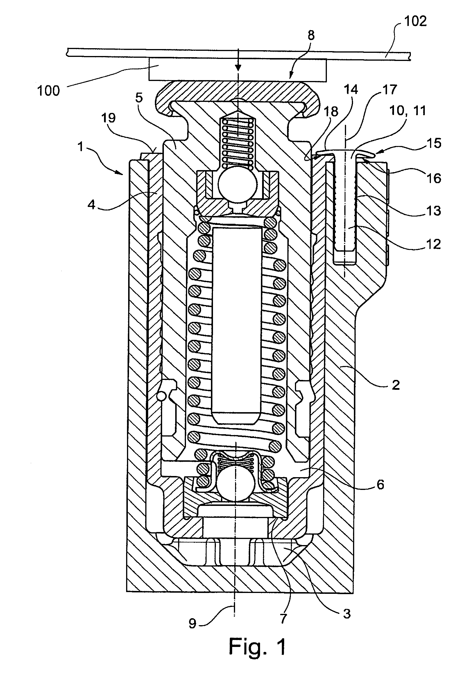 Traction-means tensioning device having a securing element, and internal combustion engine having such a traction-means tensioning device