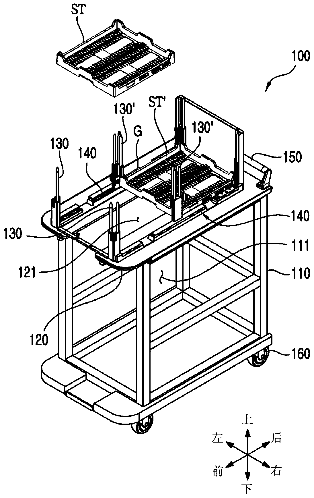 Supply trolley for trays for supplying electronic components and sorting machine for handling electronic components