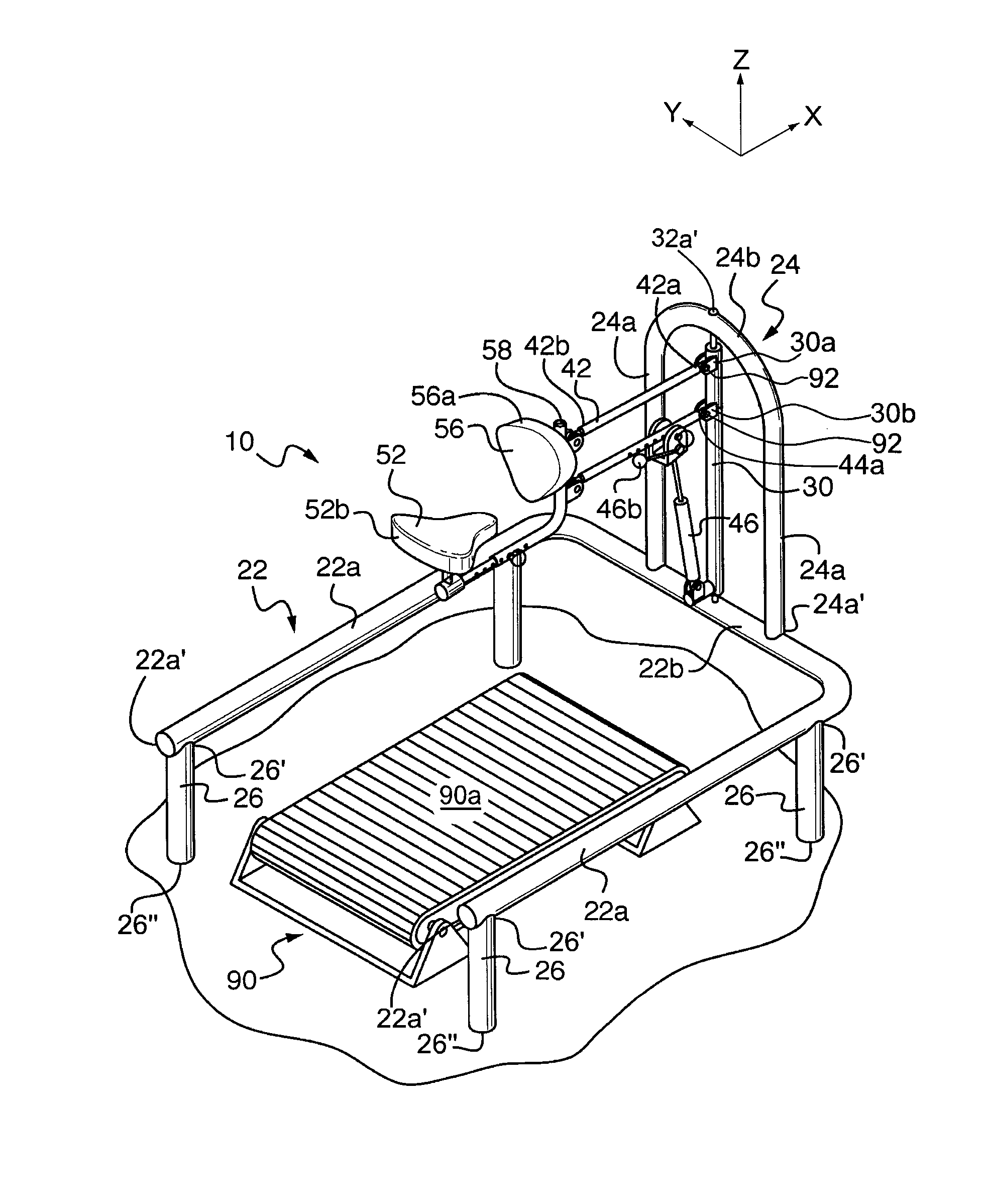 Body support system for gait training exercise on a treadmill