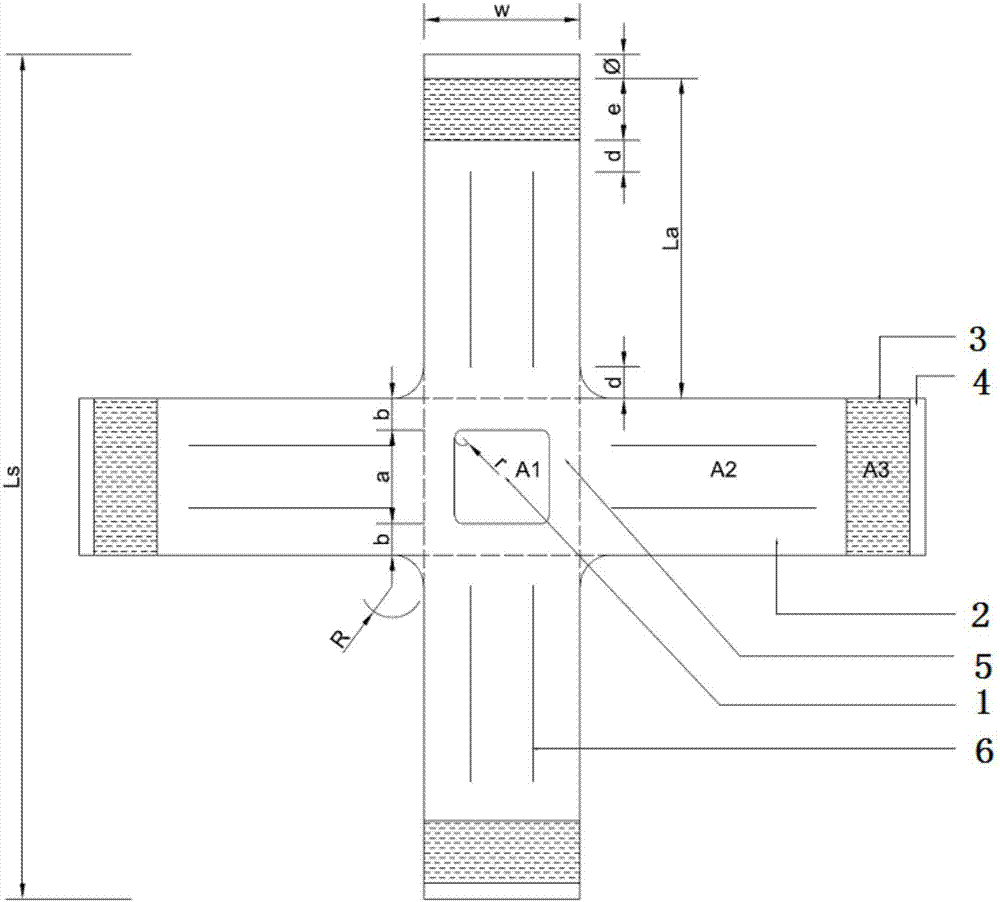 Double-cross-shaped composite fabric membrane double-axis tensile strength test piece and manufacturing method thereof