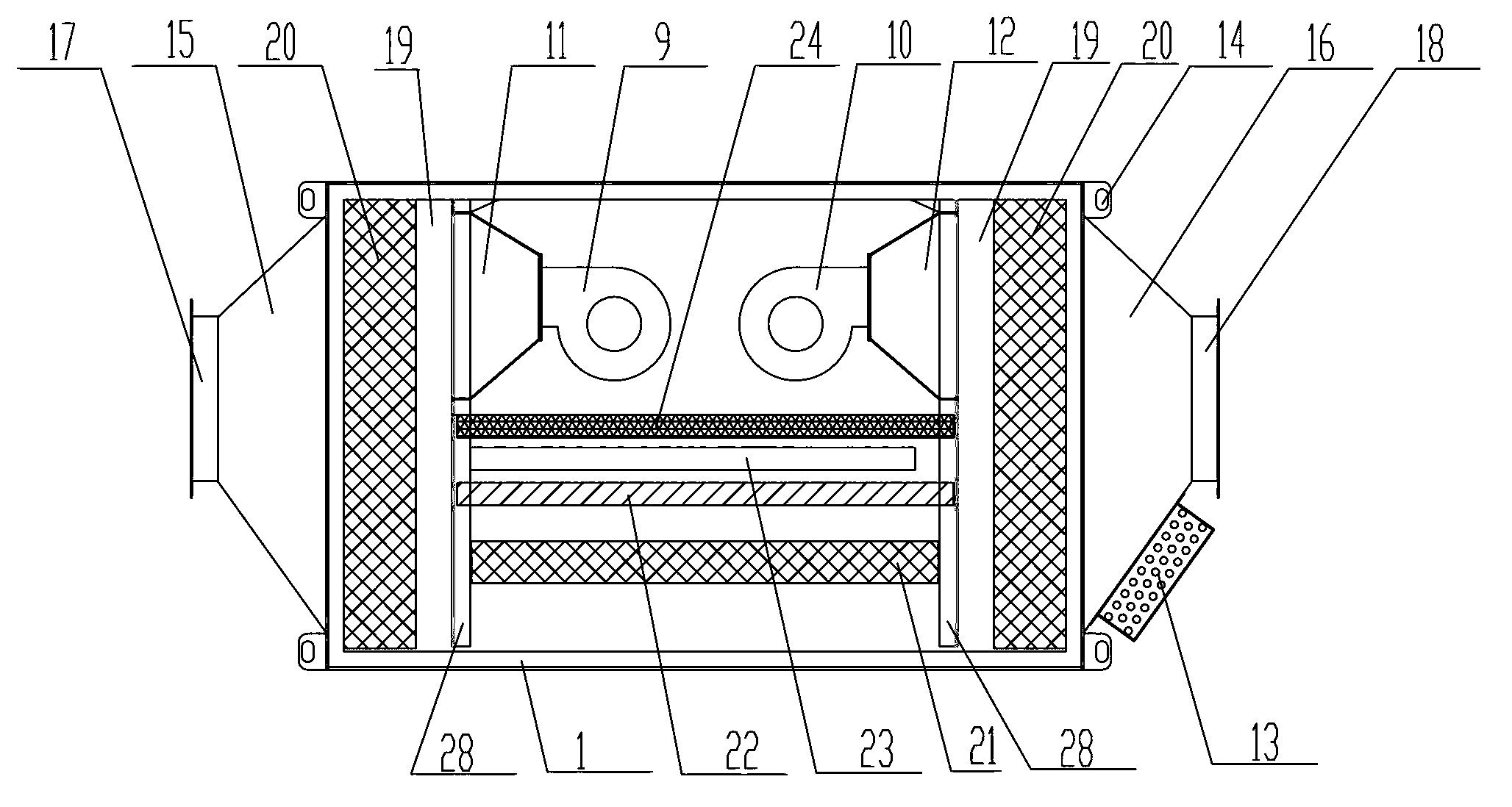 Double-fan powered air supply vehicular air purification device with sterilization function