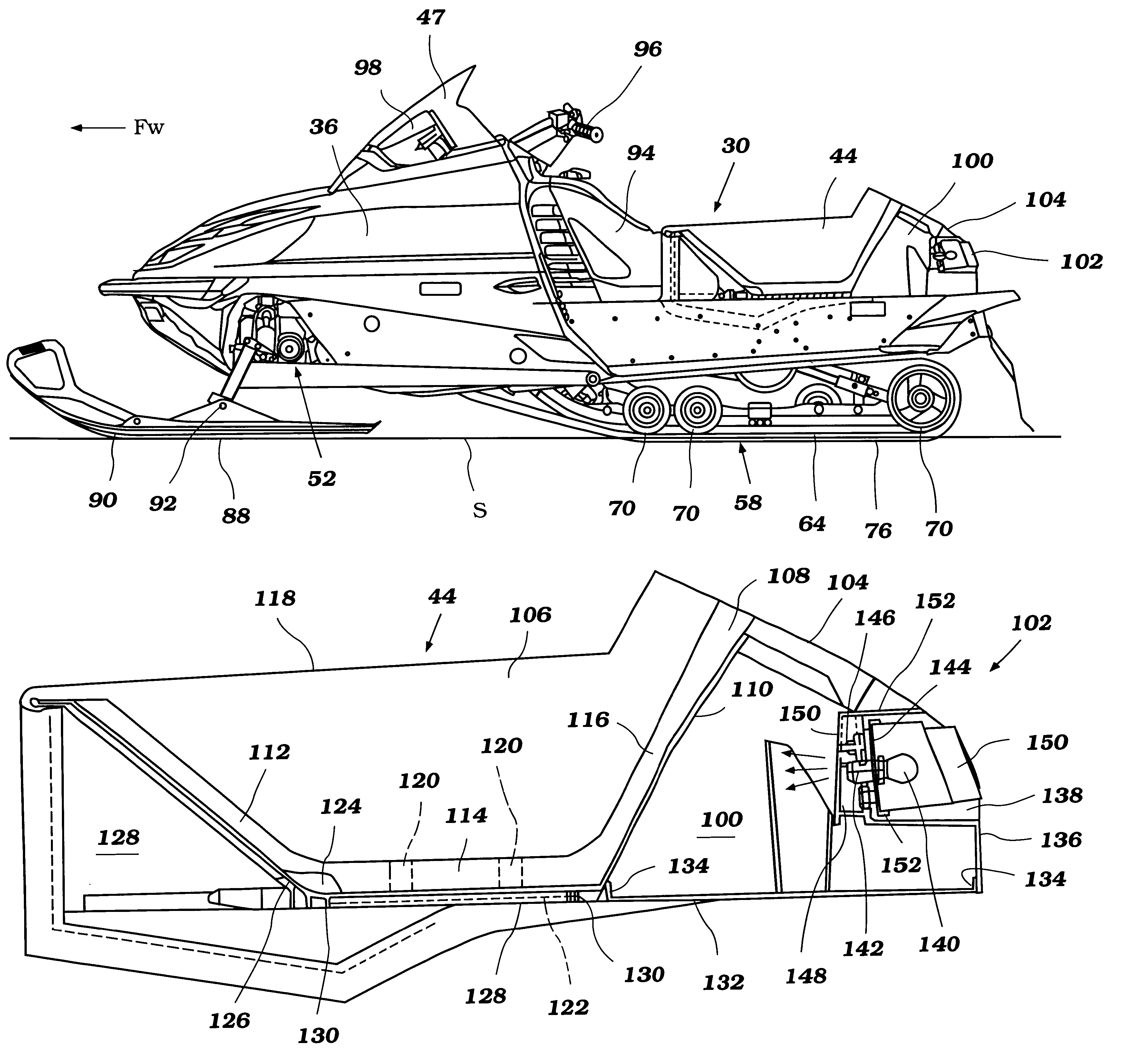 Lighted storage compartment for snowmobile