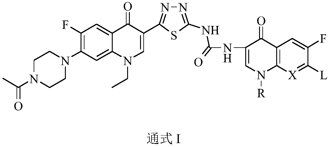 Preparation and application of bis-fluoroquinolone thiadiazole ureas N-acetyl norfloxacin derivative