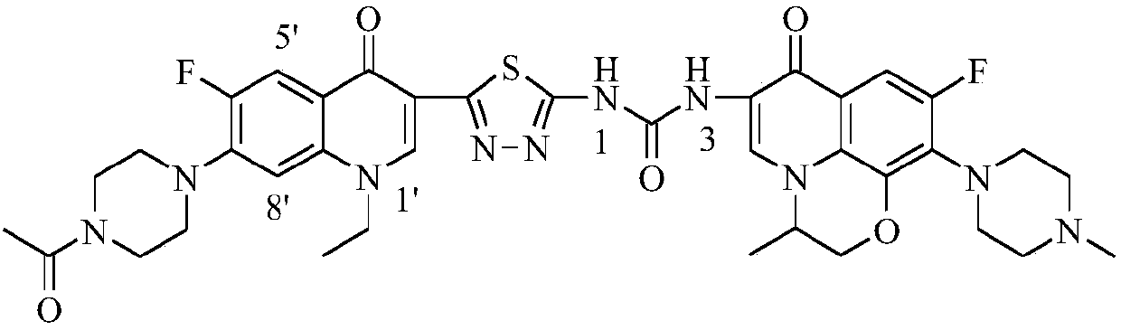 Preparation and application of bis-fluoroquinolone thiadiazole ureas N-acetyl norfloxacin derivative