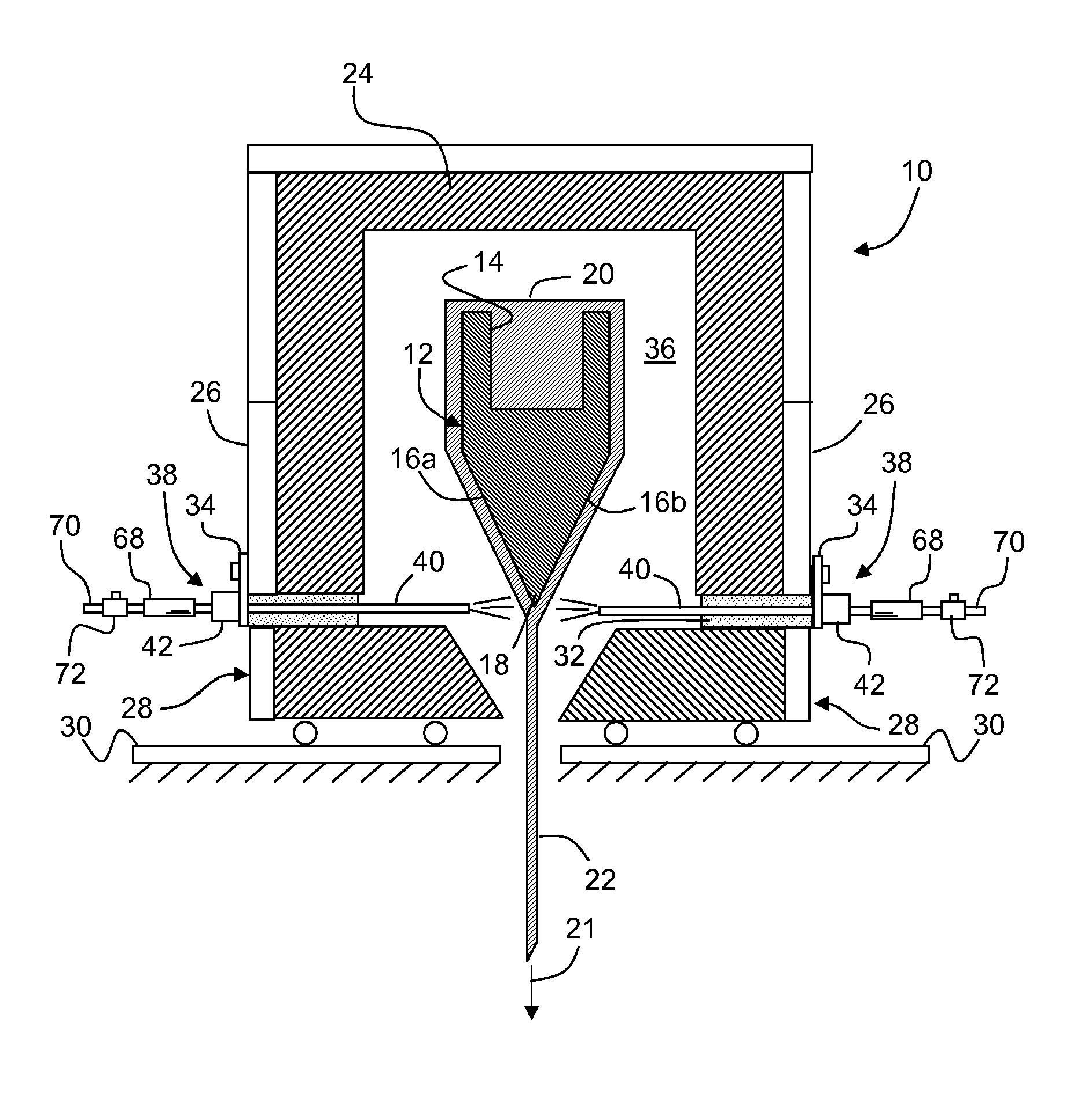 Apparatus and method for controlling thickness of a flowing ribbon of molten glass