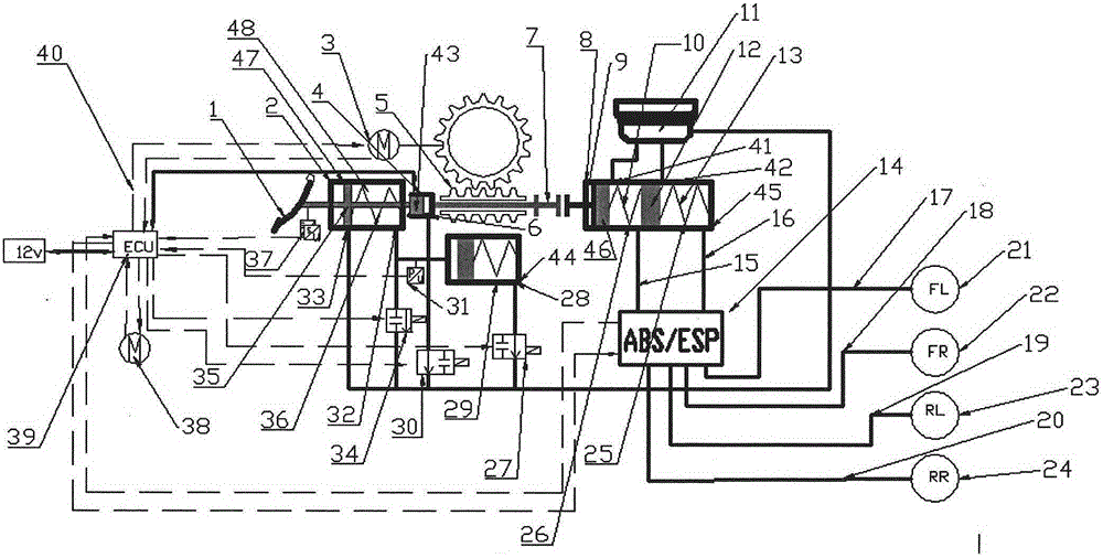 Fully-decoupled electronic hydraulic braking system and corresponding vehicle