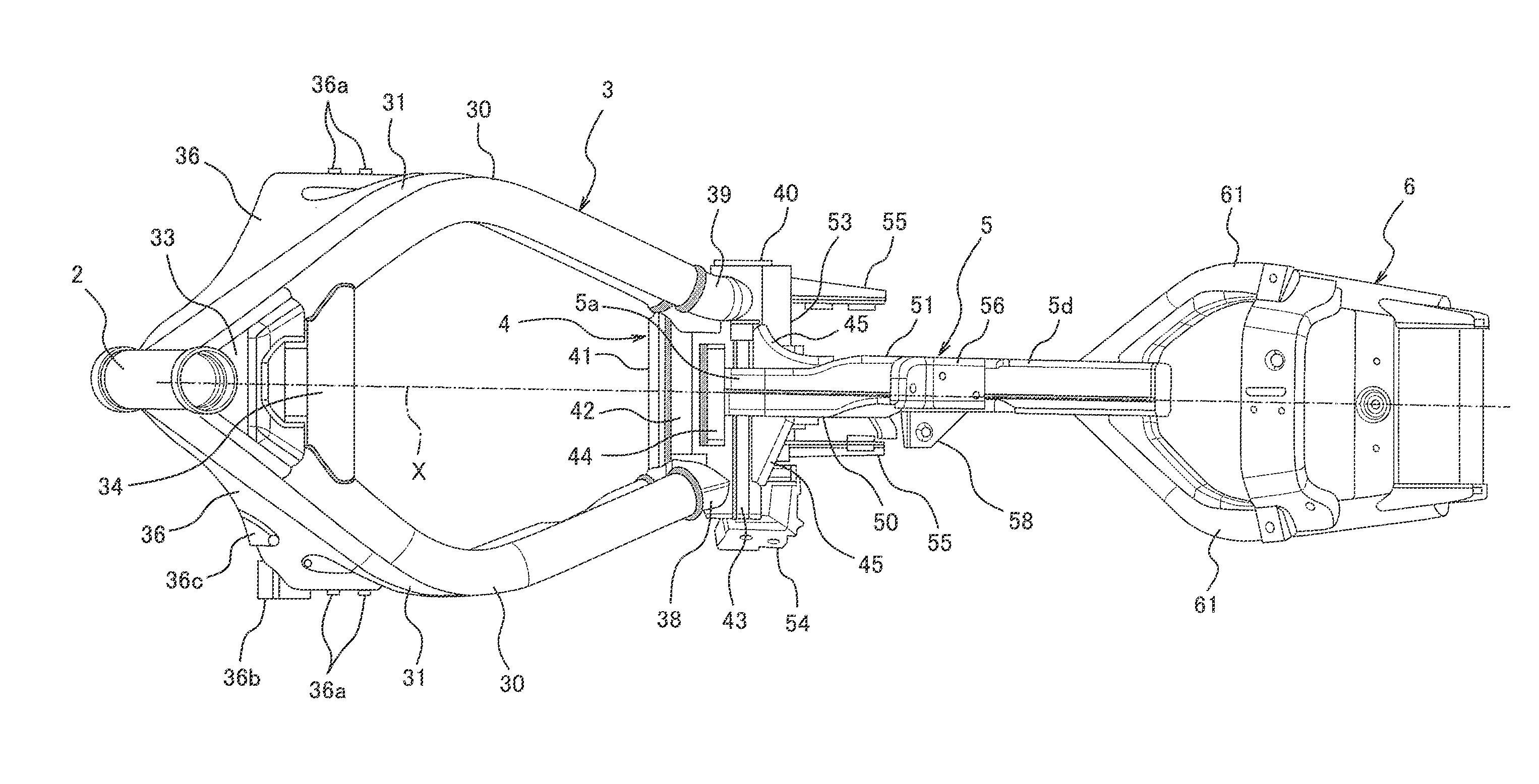 Motorcycle with a rear frame portion having a reduced-width portion