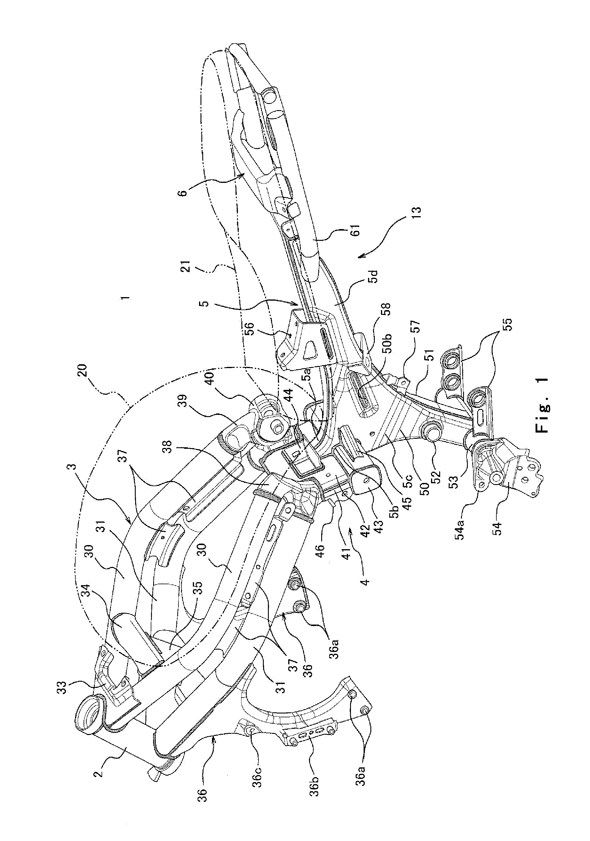 Motorcycle with a rear frame portion having a reduced-width portion