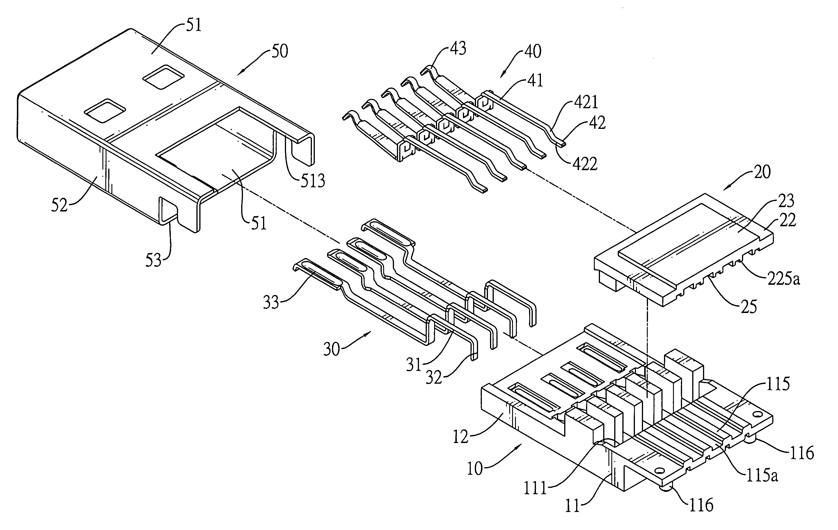 Plug connector with two rows of soldering sections