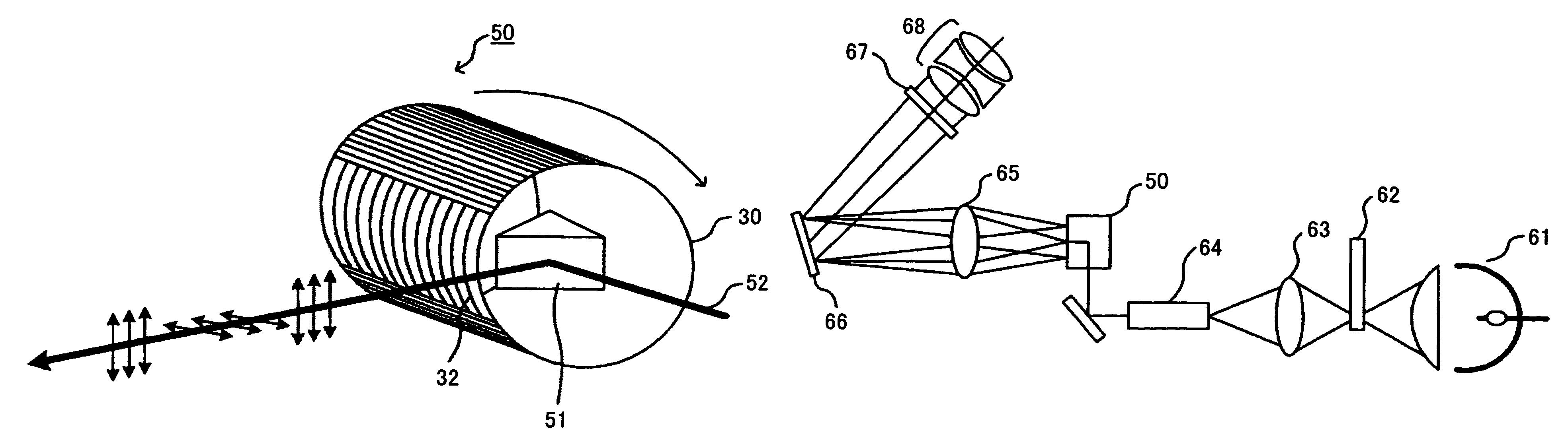 Optical device, display device, and three-dimension image display device for changing a polarization state of a light beam in time