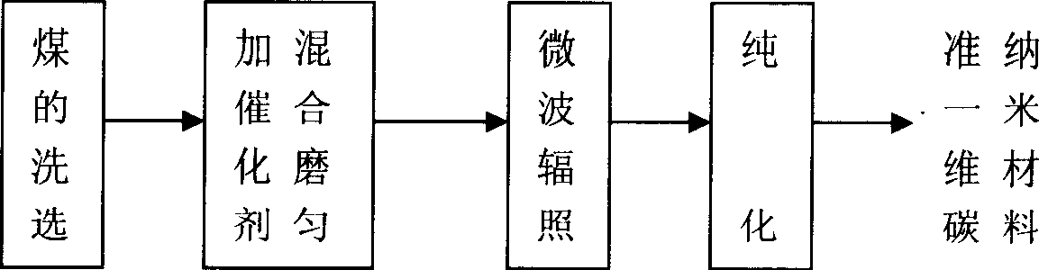 Method for preparing carbon nano material by micro wave radiation of coal