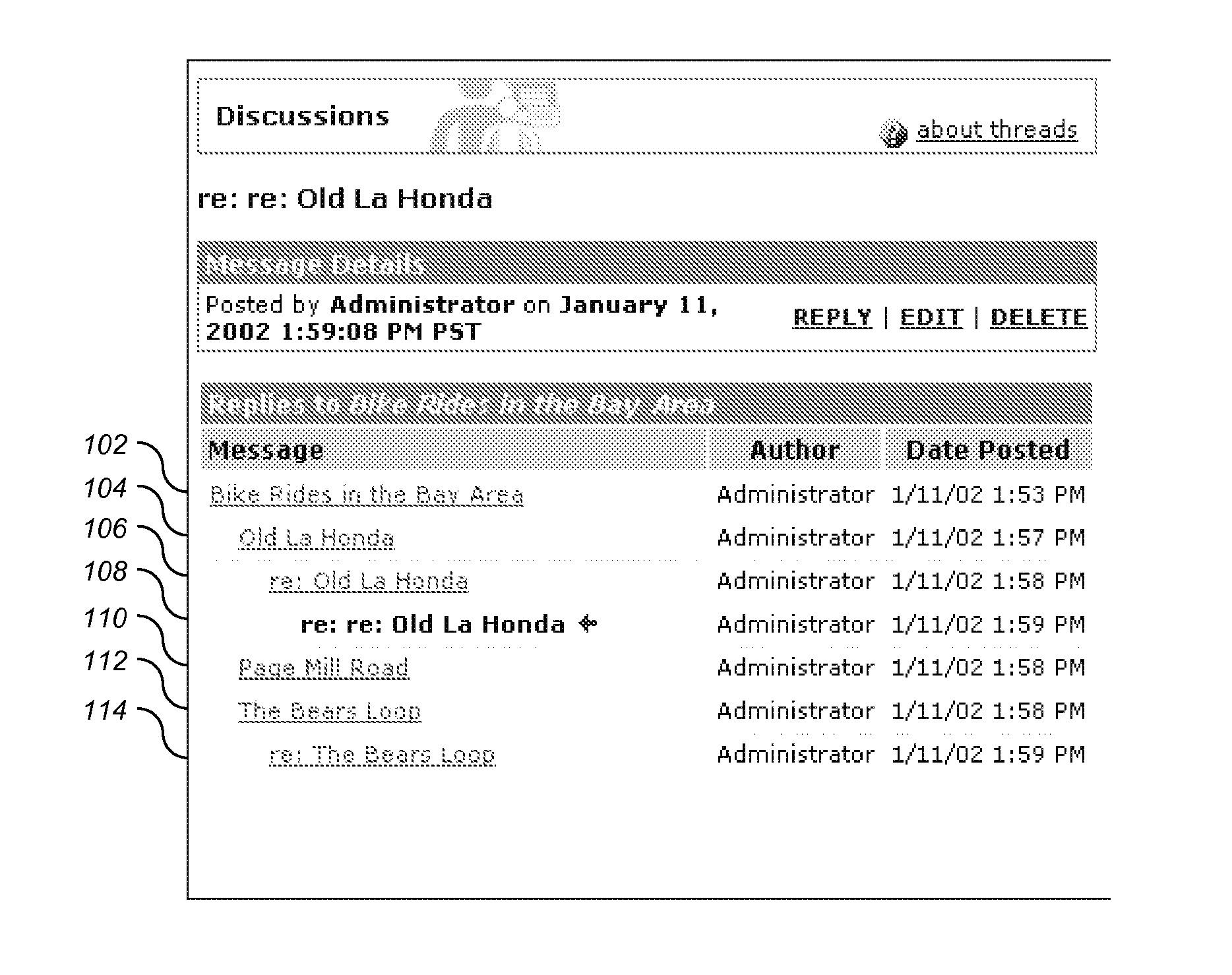 Efficiently storing indented threads in a threaded discussion application