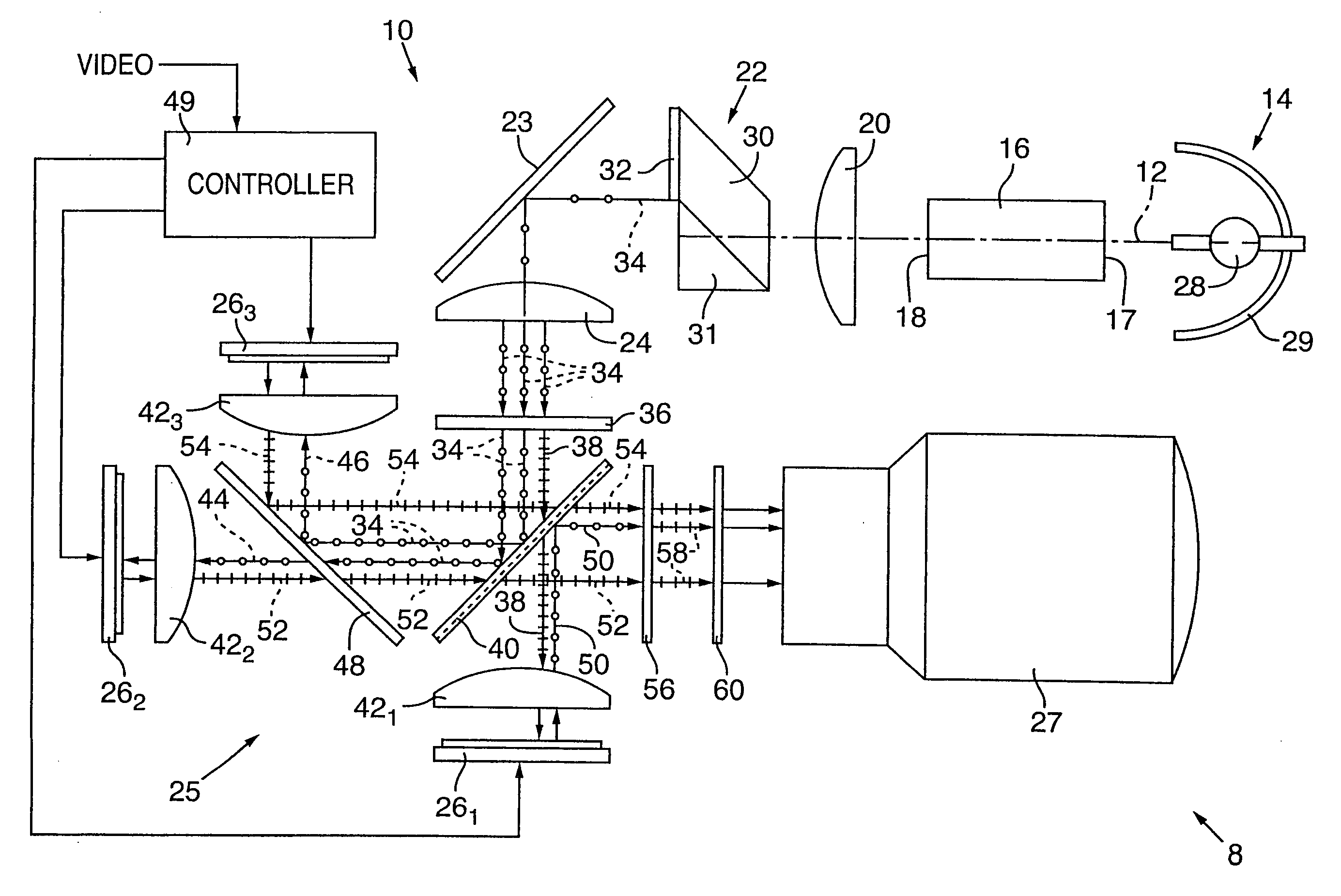 Color video projection system employing reflective liquid crystal display devices