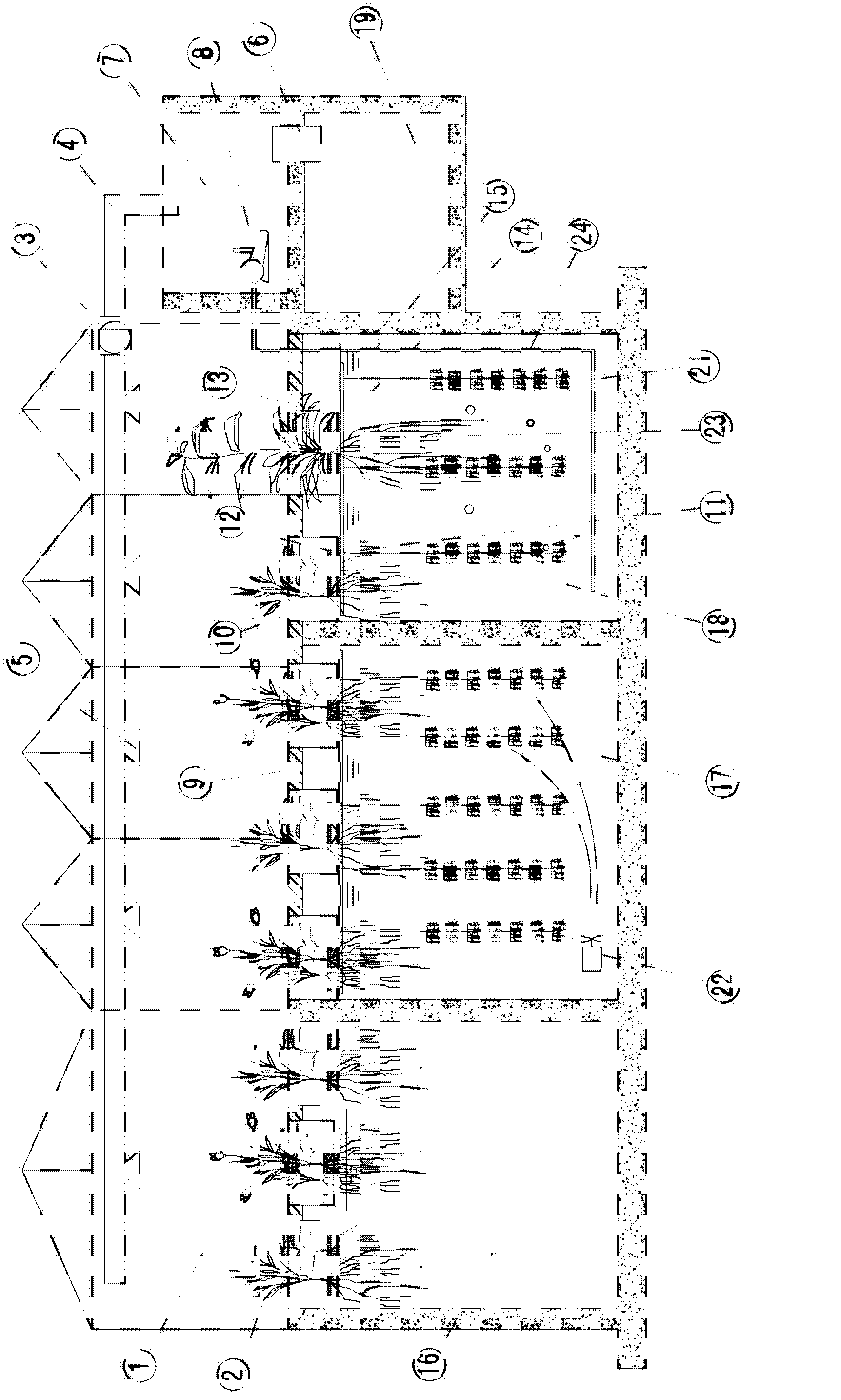 Three-dimensional ecological deodorization dephosphorization denitrification method as well as device and application