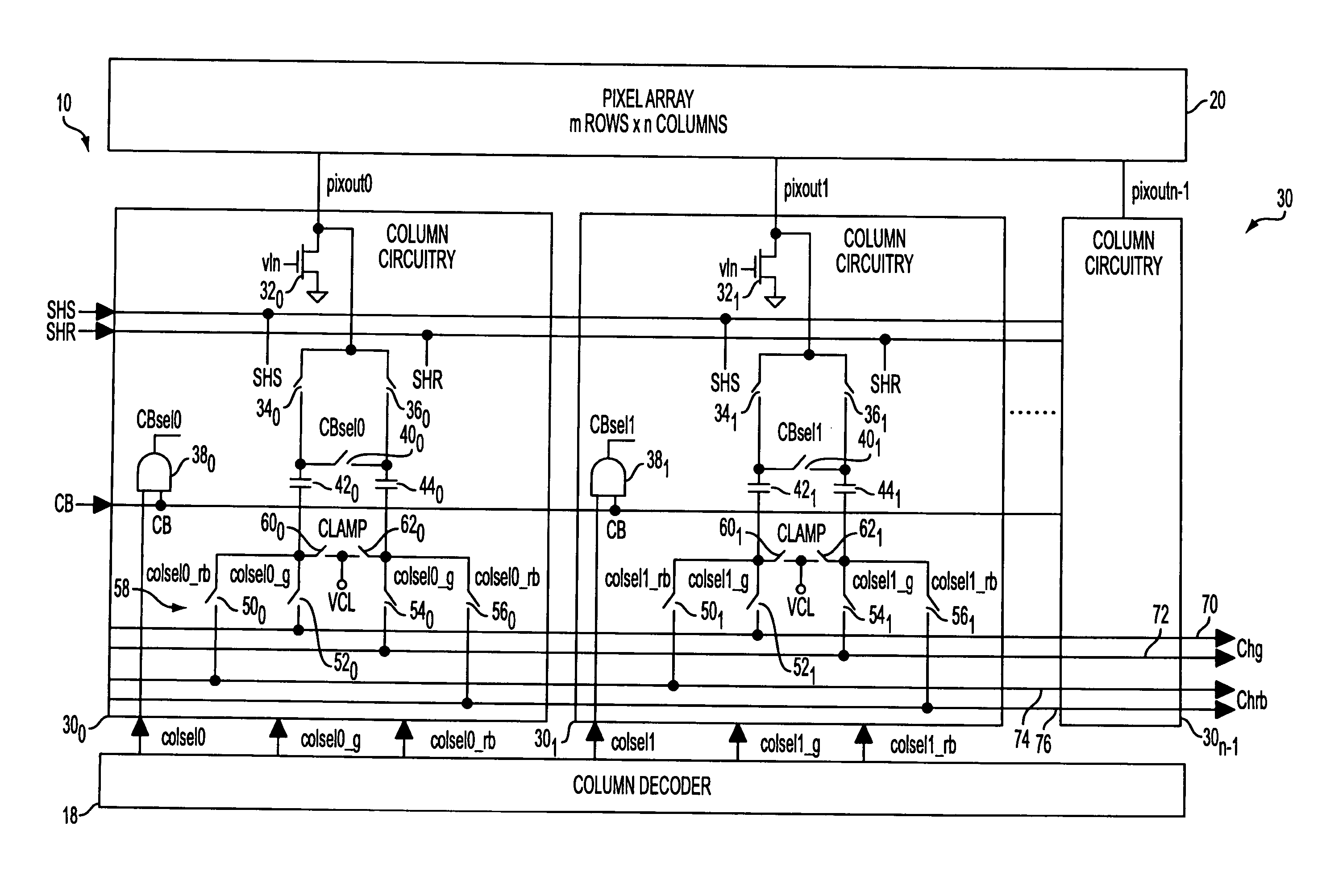 Multiplexed pixel column architecture for imagers