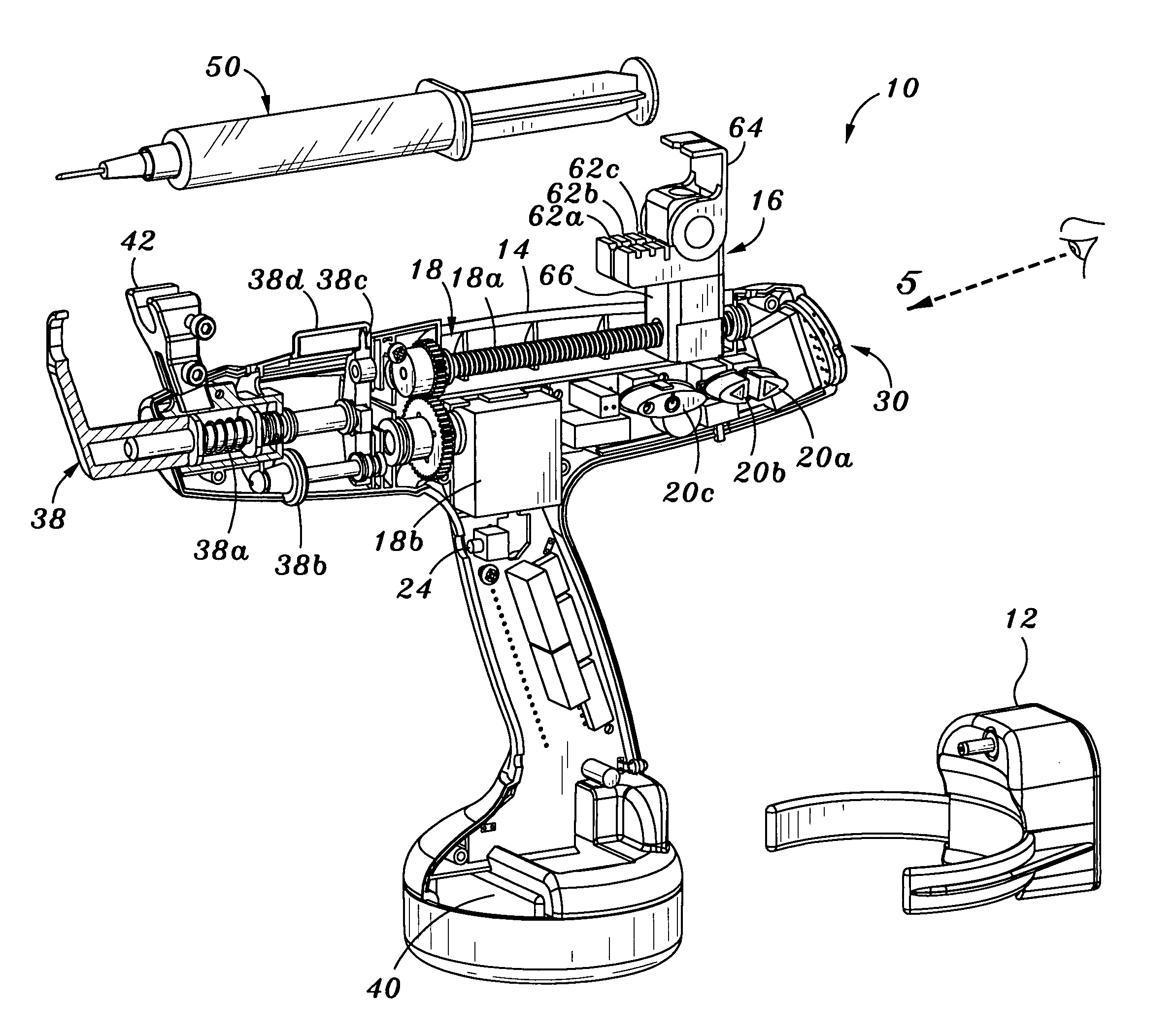 Rechargeable handheld injection device with reversible drive having adjustable syringe cradle