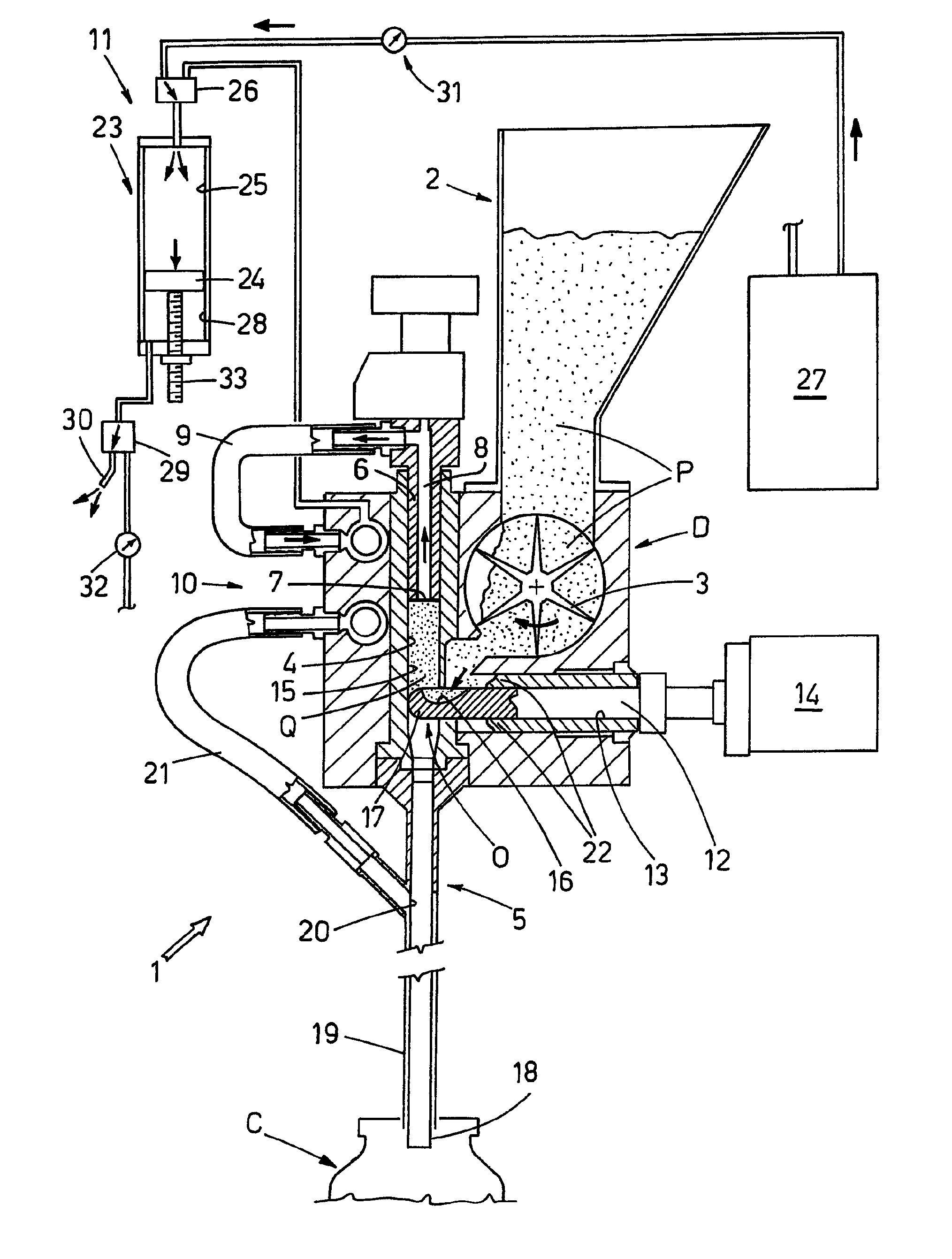 Method for batching powder and/or granular products internally of container elements and apparatus for actuating the method