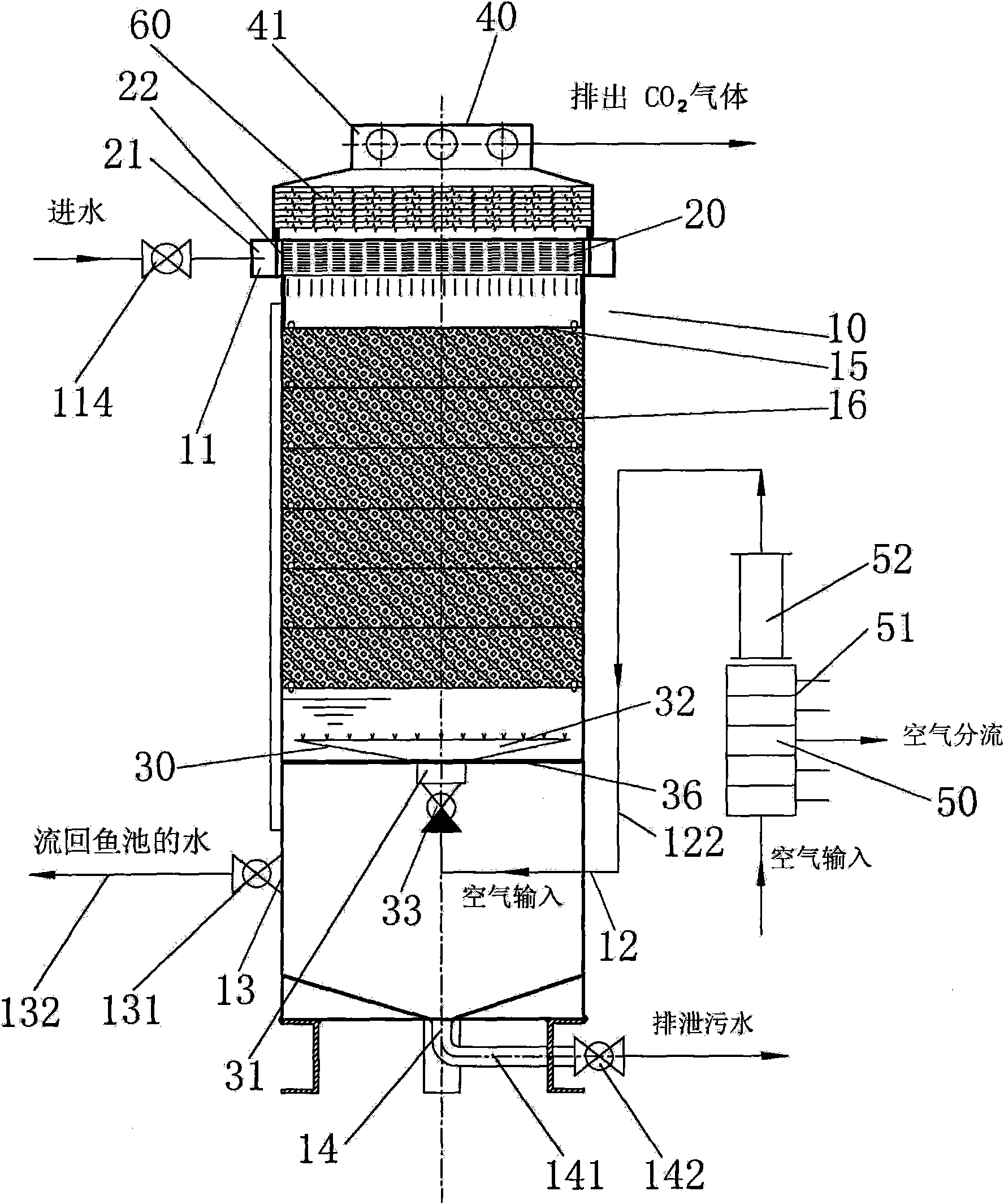 Device for wiping off carbon dioxide in water body of fishing industry