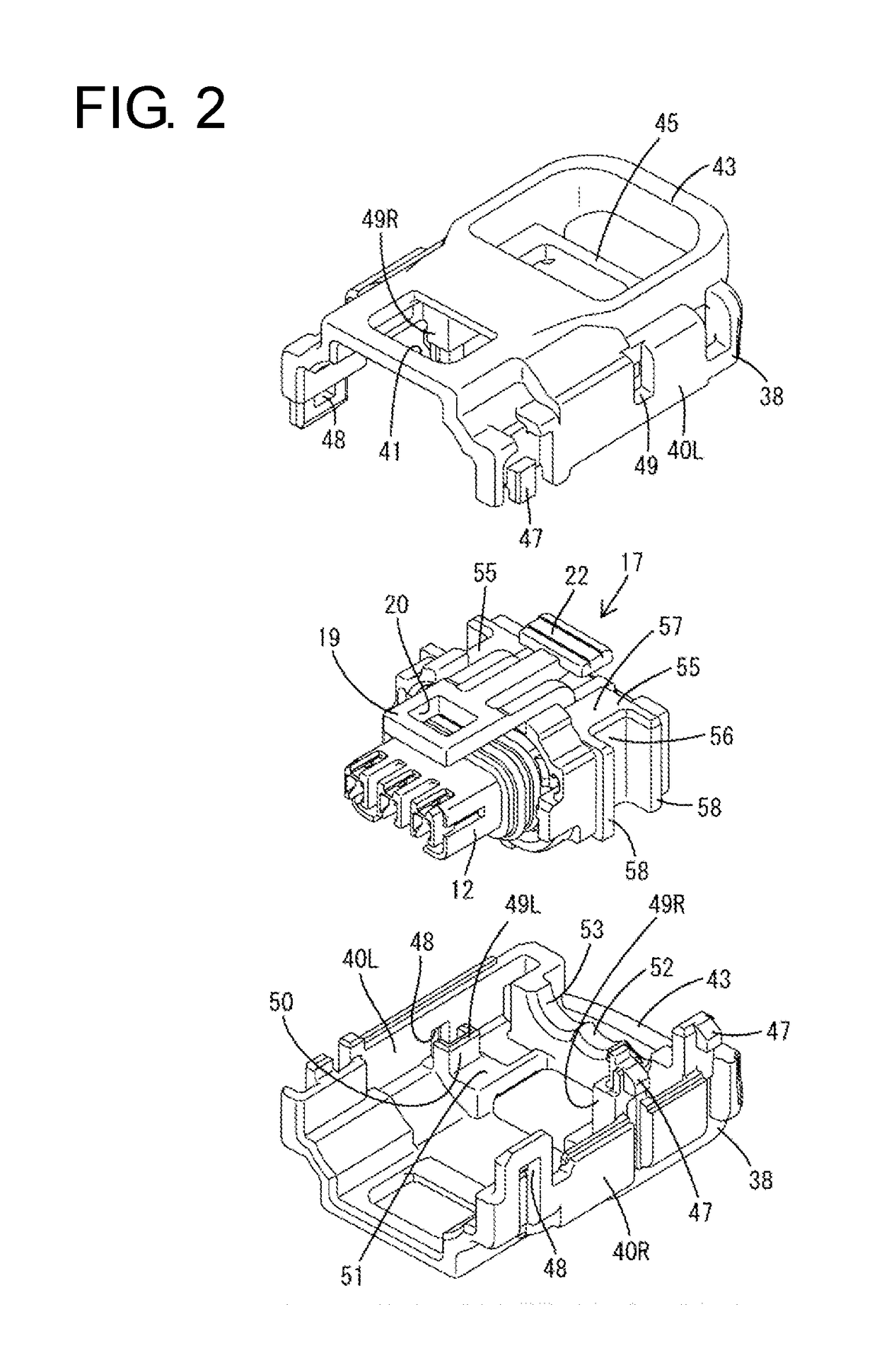 Connector with circumferentially spaced resilient positioning members extending resiliently between inner and outer housings