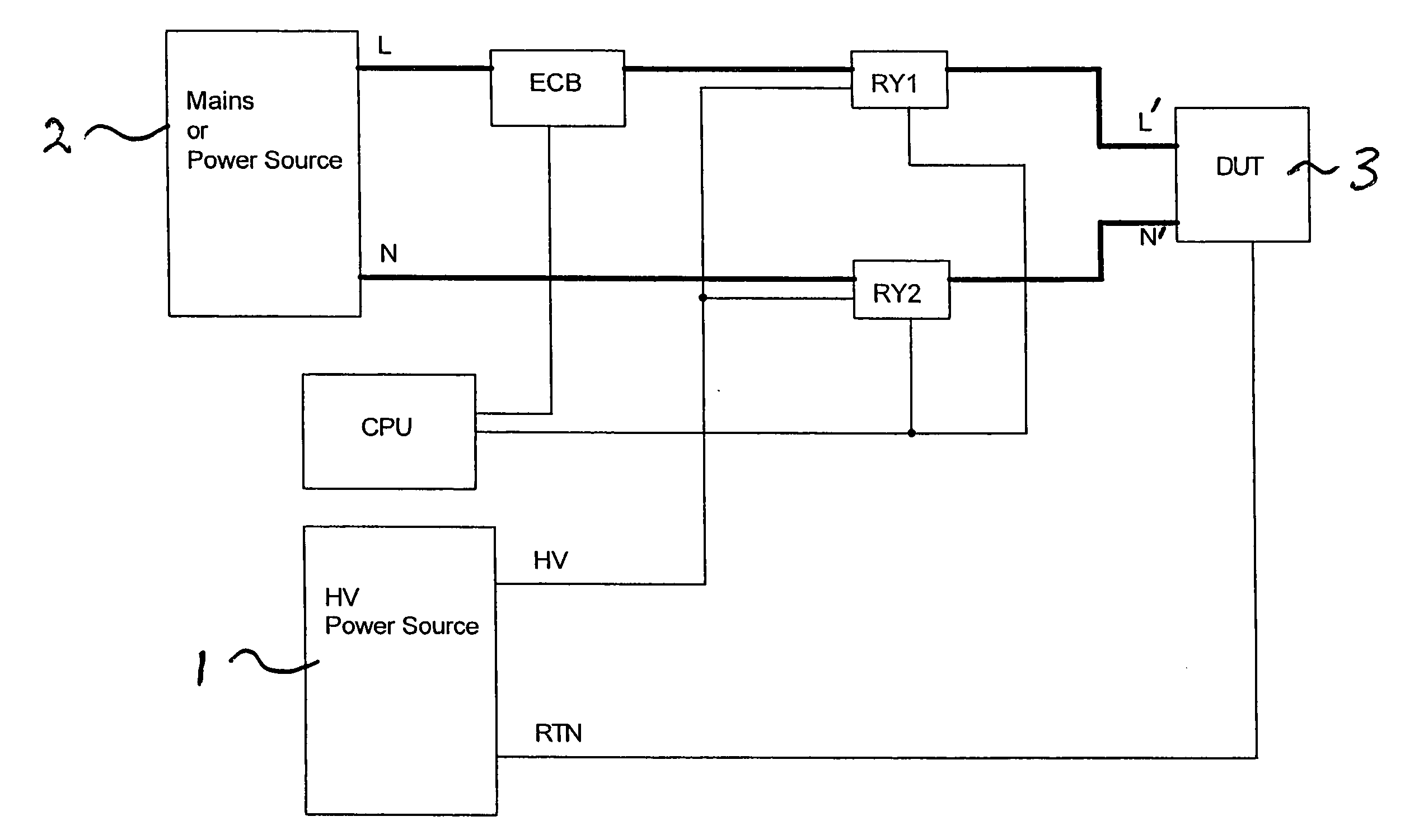 Safety tester having a high-voltage switching relay protected by an in-line electronic circuit breaker