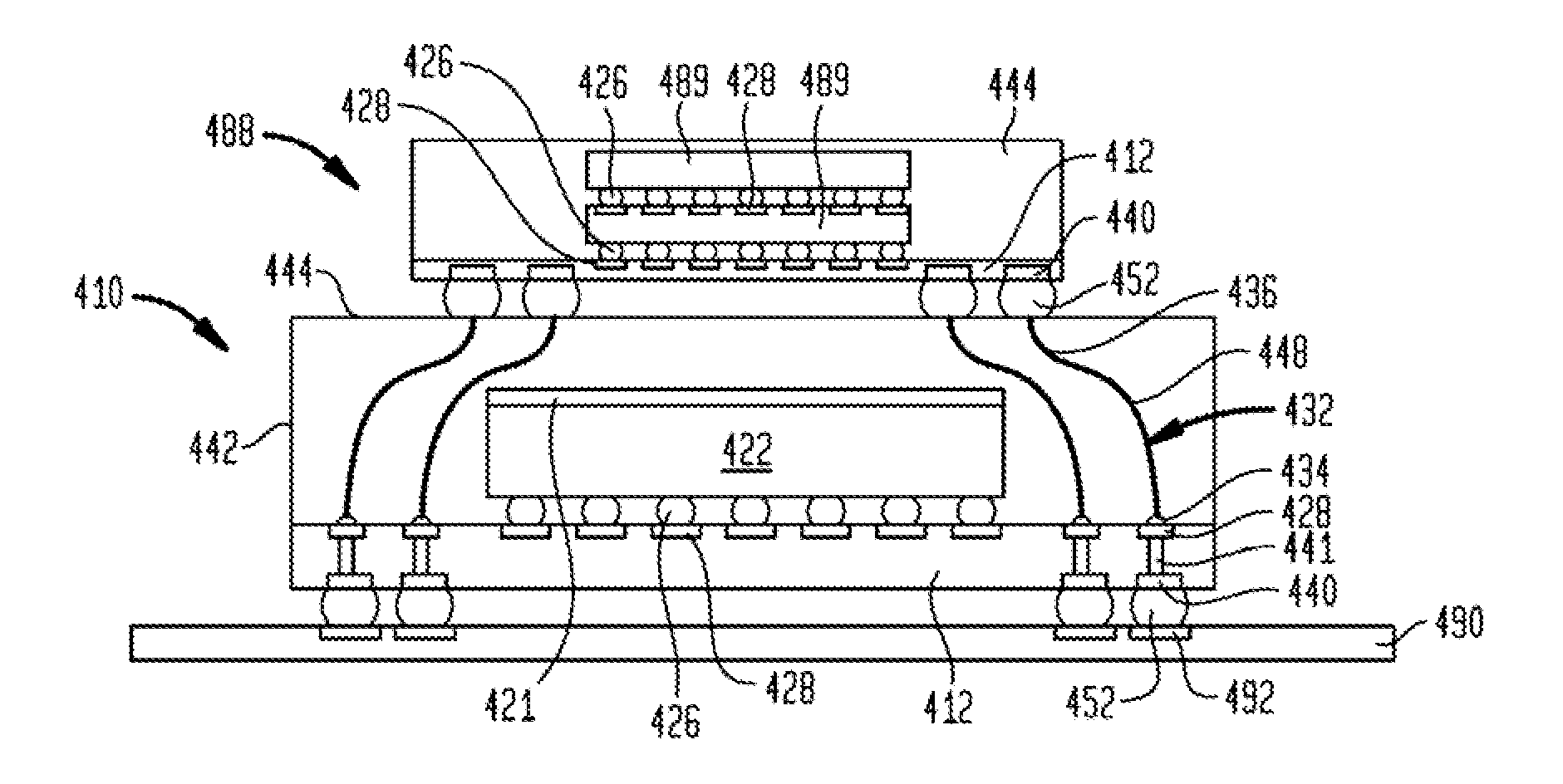 Package-on-package assembly with wire bond vias