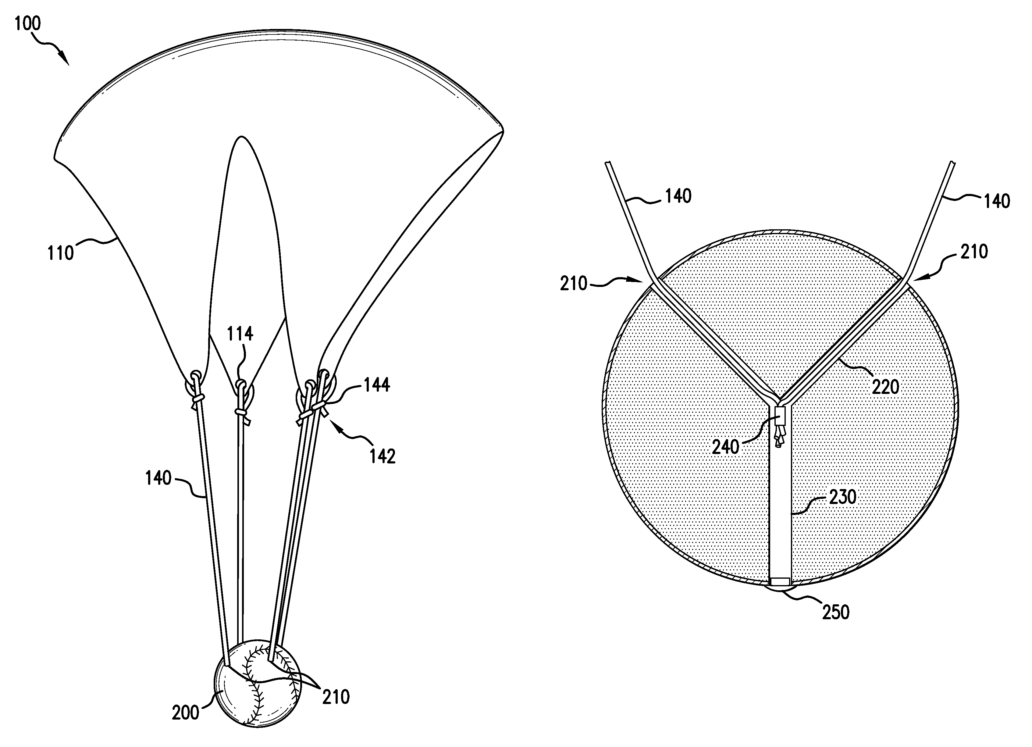 Parachute assemblies for training persons to catch an object in flight such as a ball