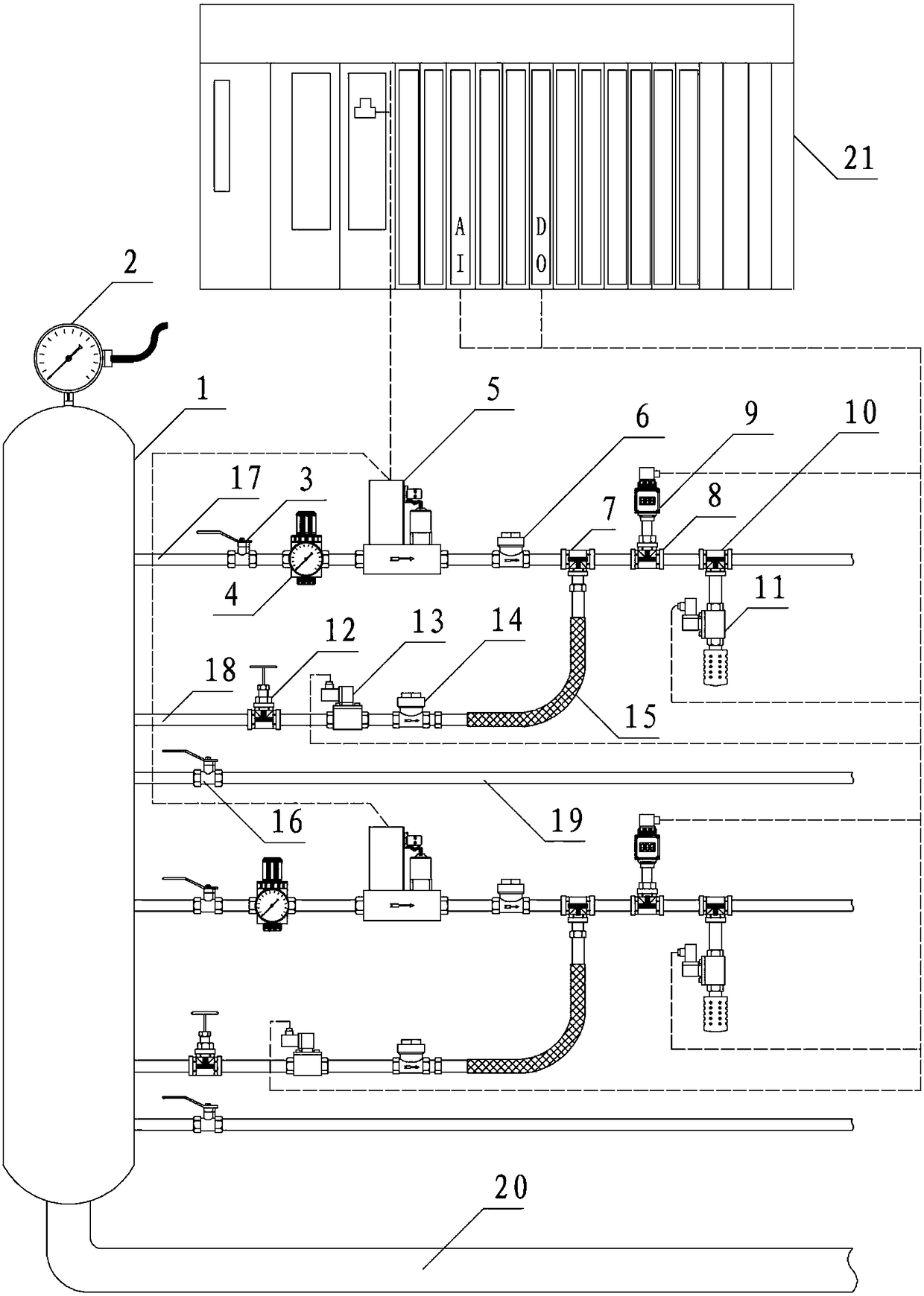 LF furnace bottom argon blowing bi-branch flow control device