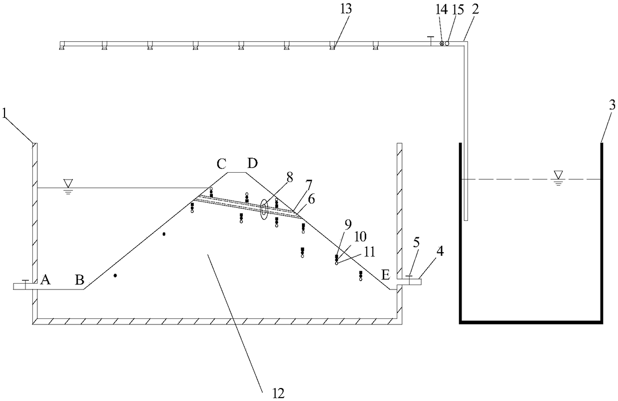 Seepage failure simulation test device and construction method of embankment with upper defect