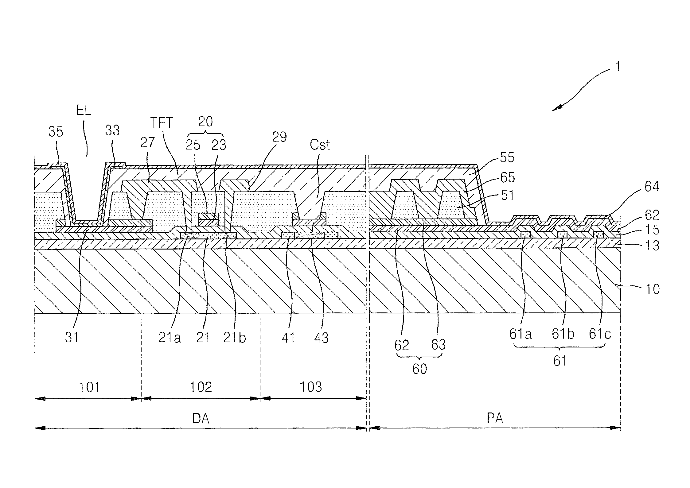 Organic light-emitting display apparatus that prevents a thick organic insulating layer from lifting