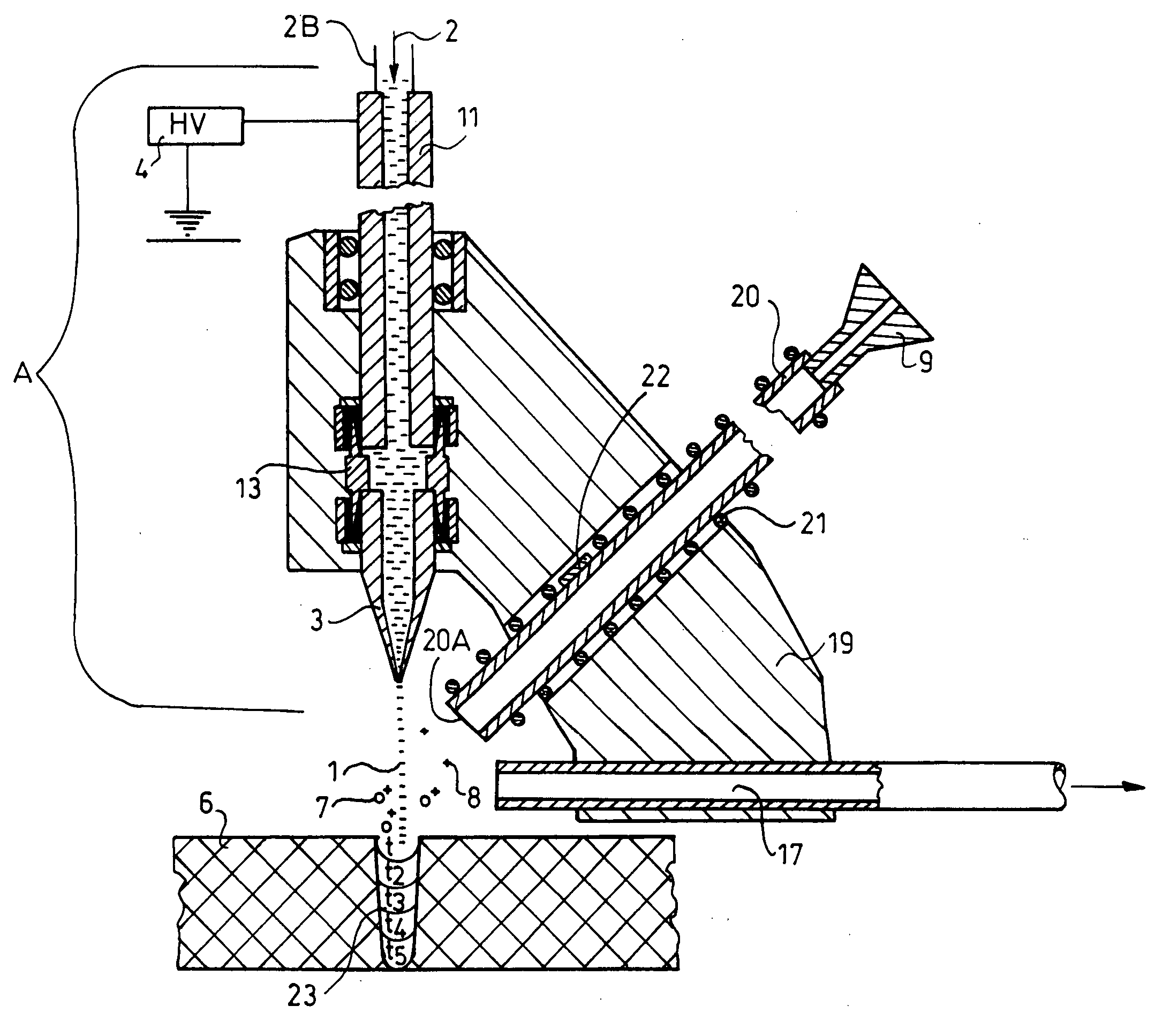 Method and device for desorption ionization by liquid jet